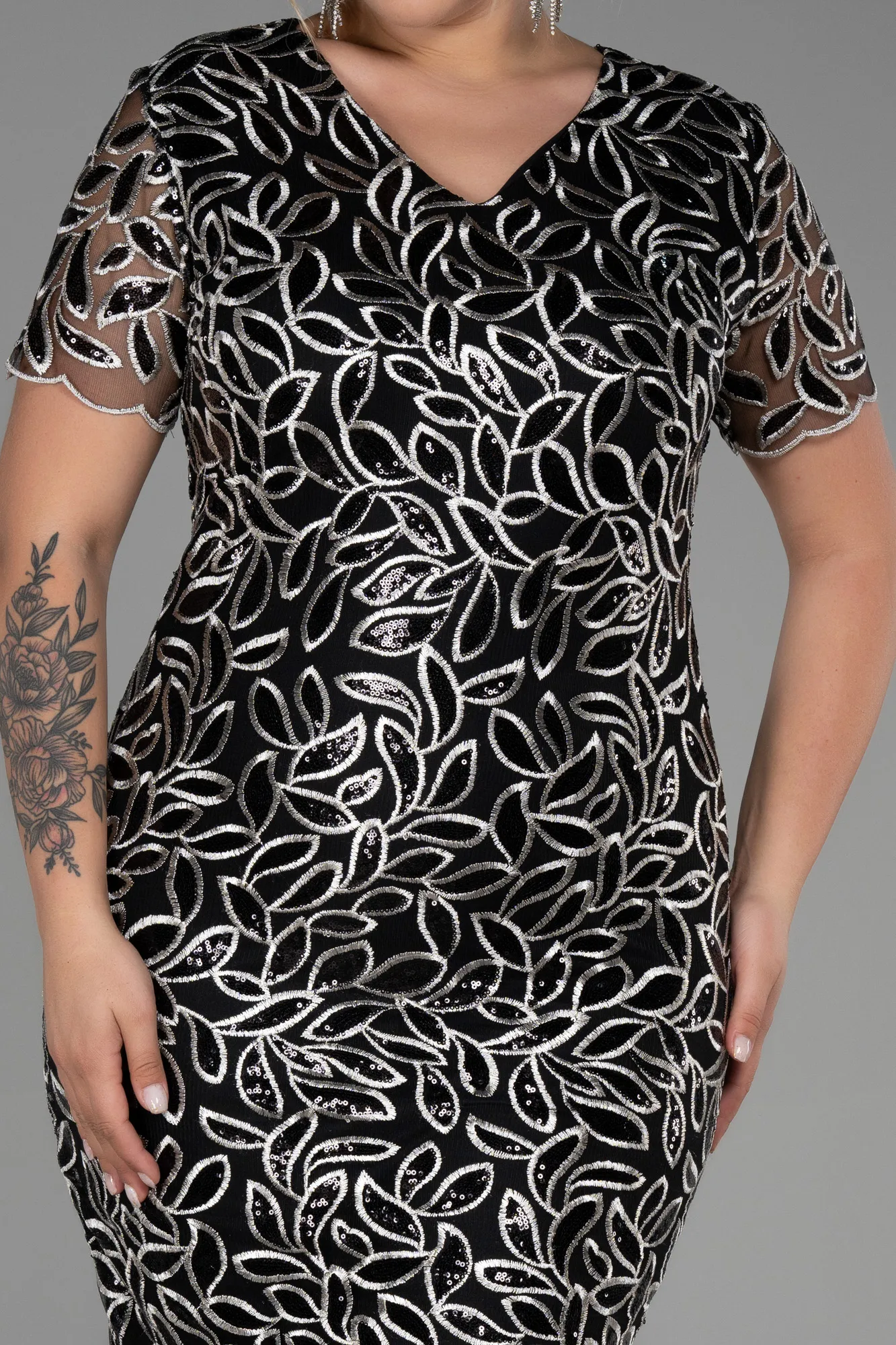 Black-Midi Laced Plus Size Evening Dress ABK1814