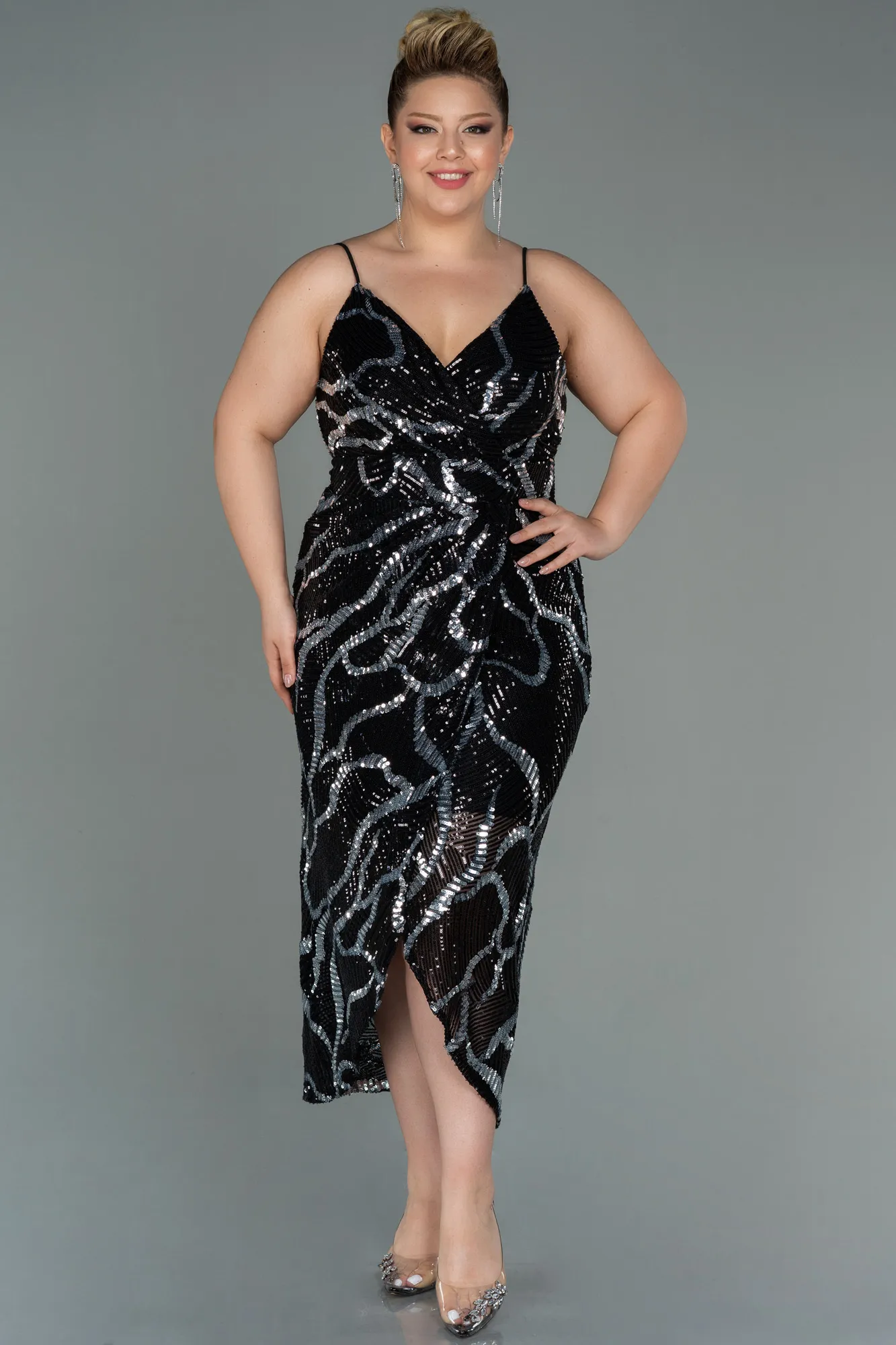 Black-Midi Plus Size Evening Dress ABK1349
