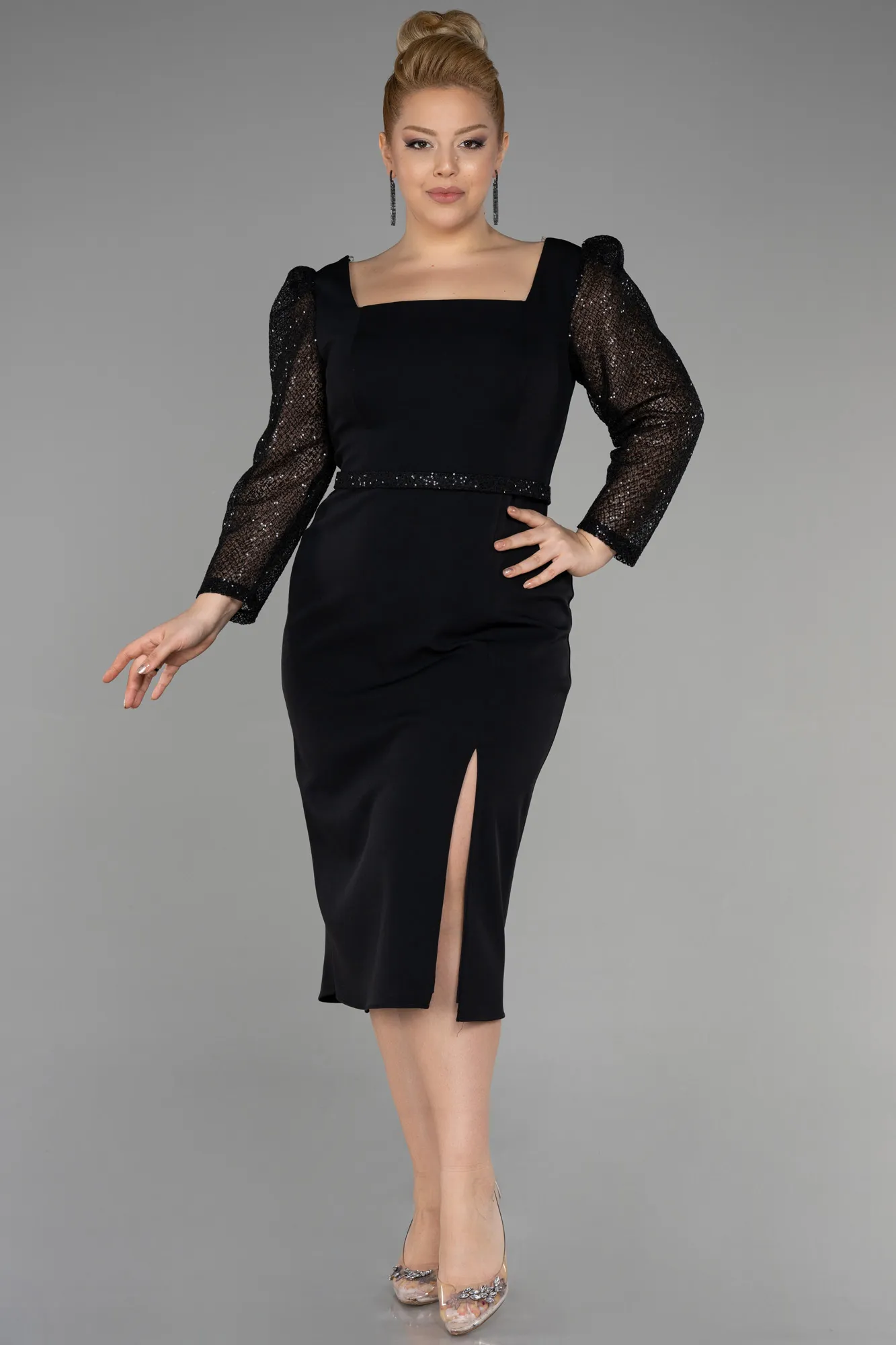 Black-Midi Plus Size Evening Dress ABK1930