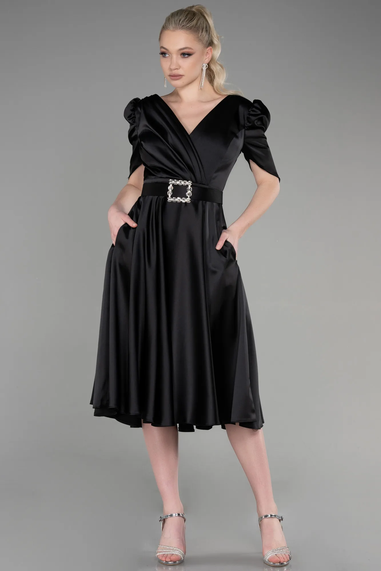 Black-Midi Satin Cocktail Dress ABK1960