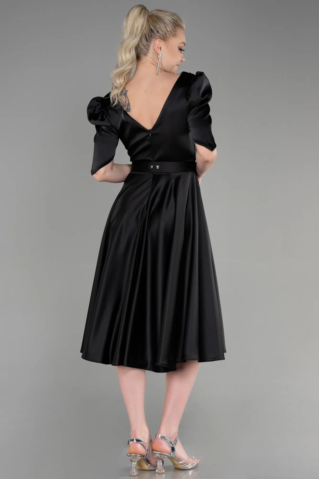 Black-Midi Satin Cocktail Dress ABK1960
