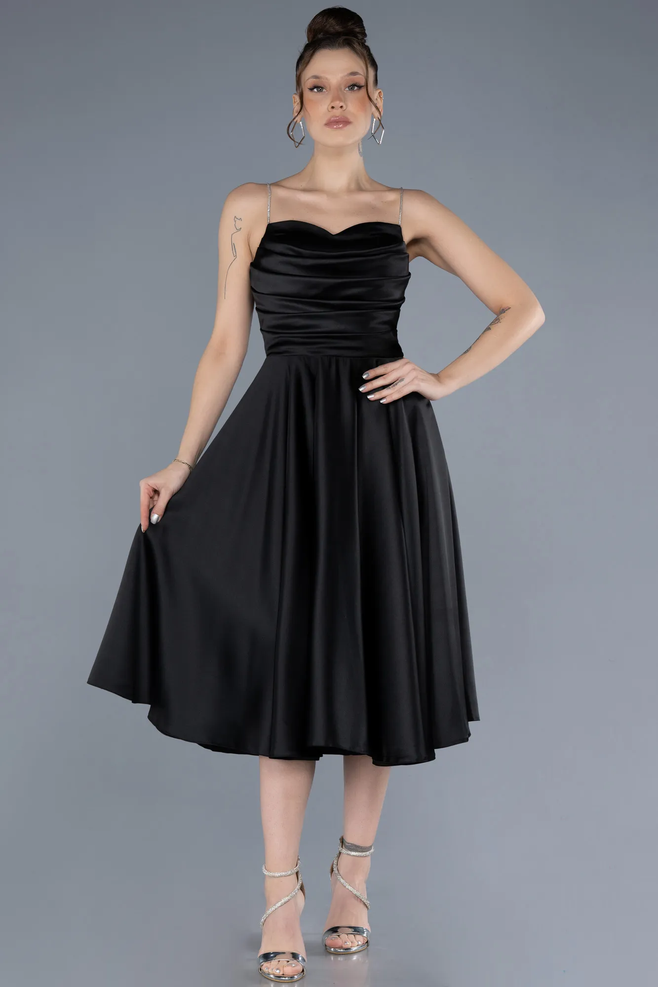 Black-Midi Satin Cocktail Dress ABK2240