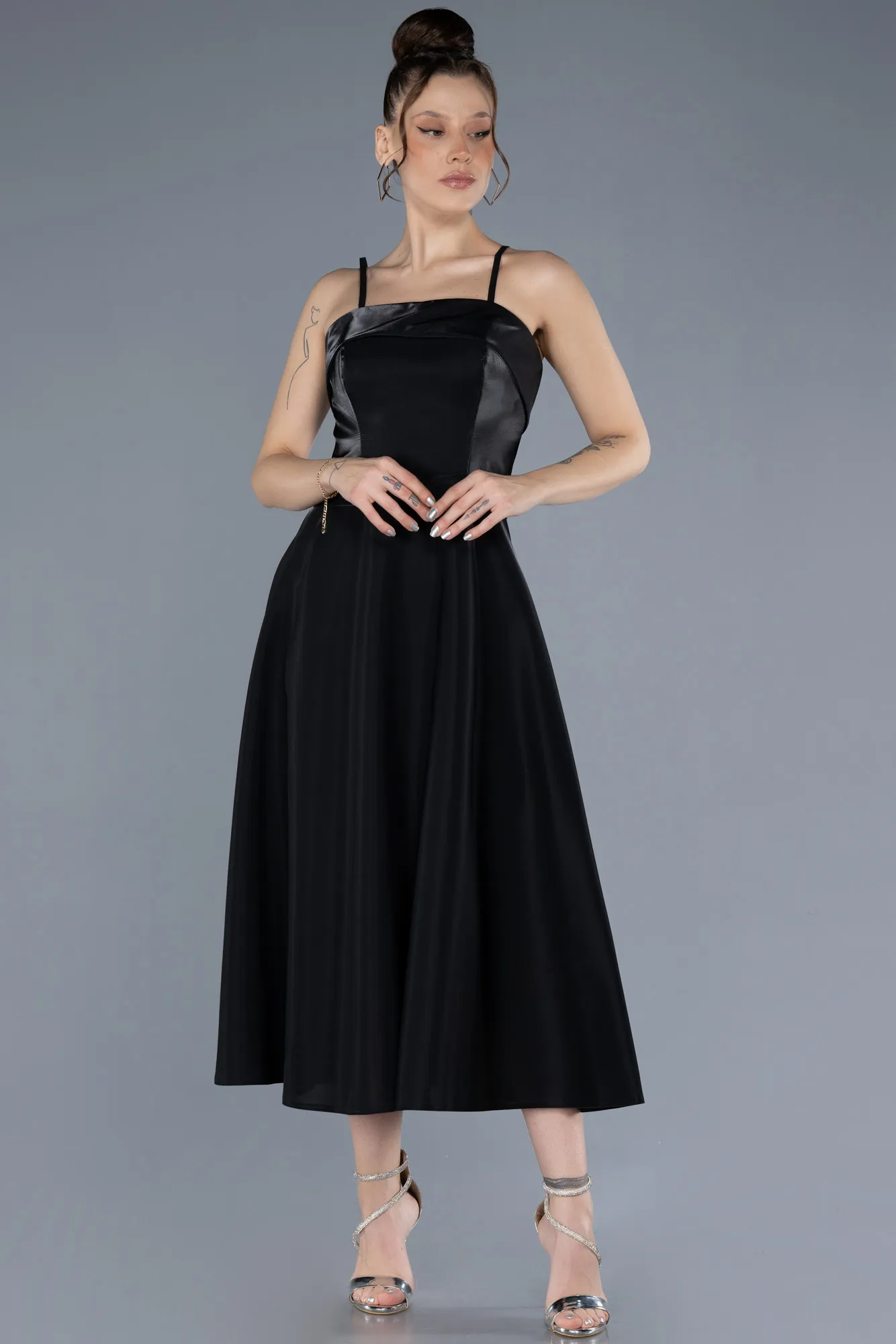 Black-Midi Satin Cocktail Dress ABK2242