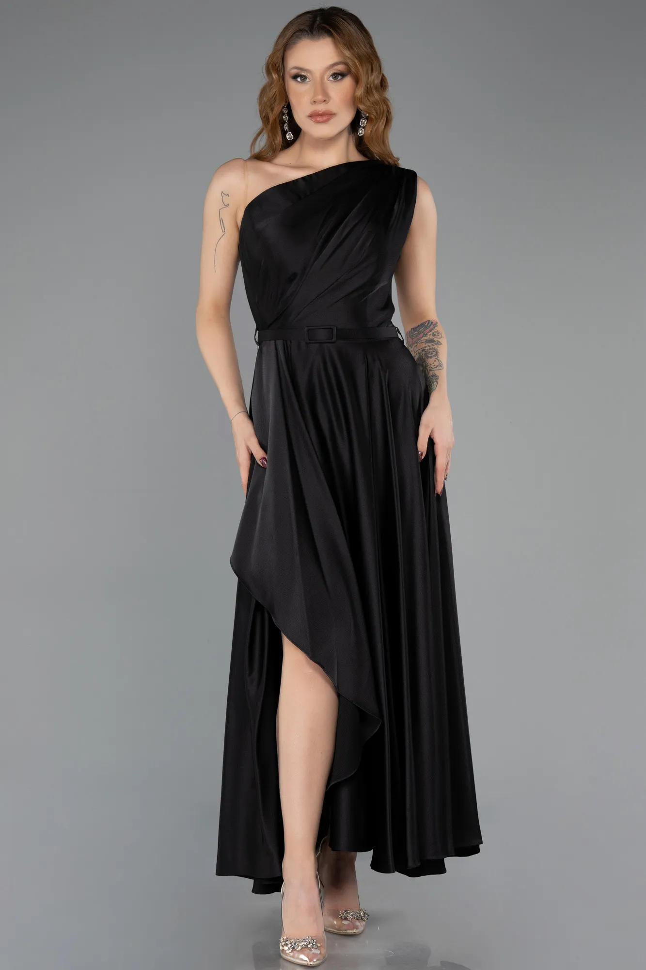 Black-Midi Satin Cocktail Dress ABK2476