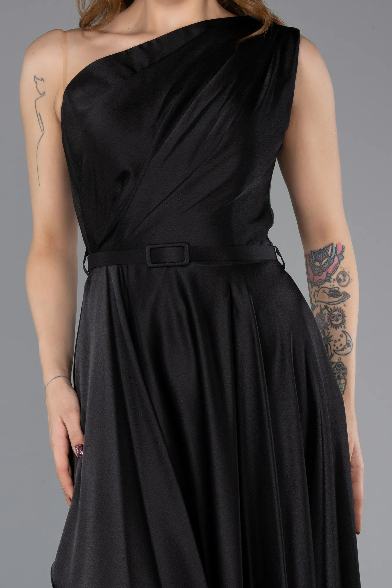 Black-Midi Satin Cocktail Dress ABK2476