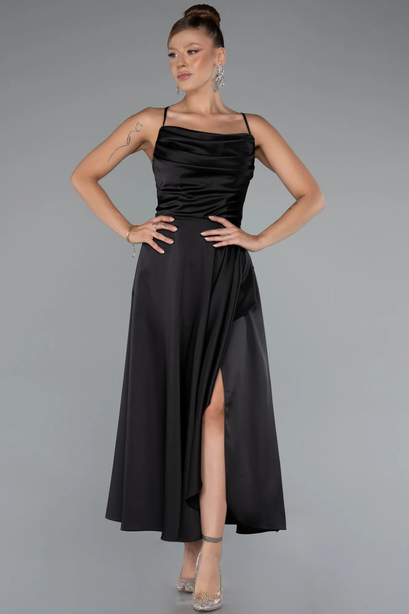 Black-Midi Satin Invitation Dress ABK1586