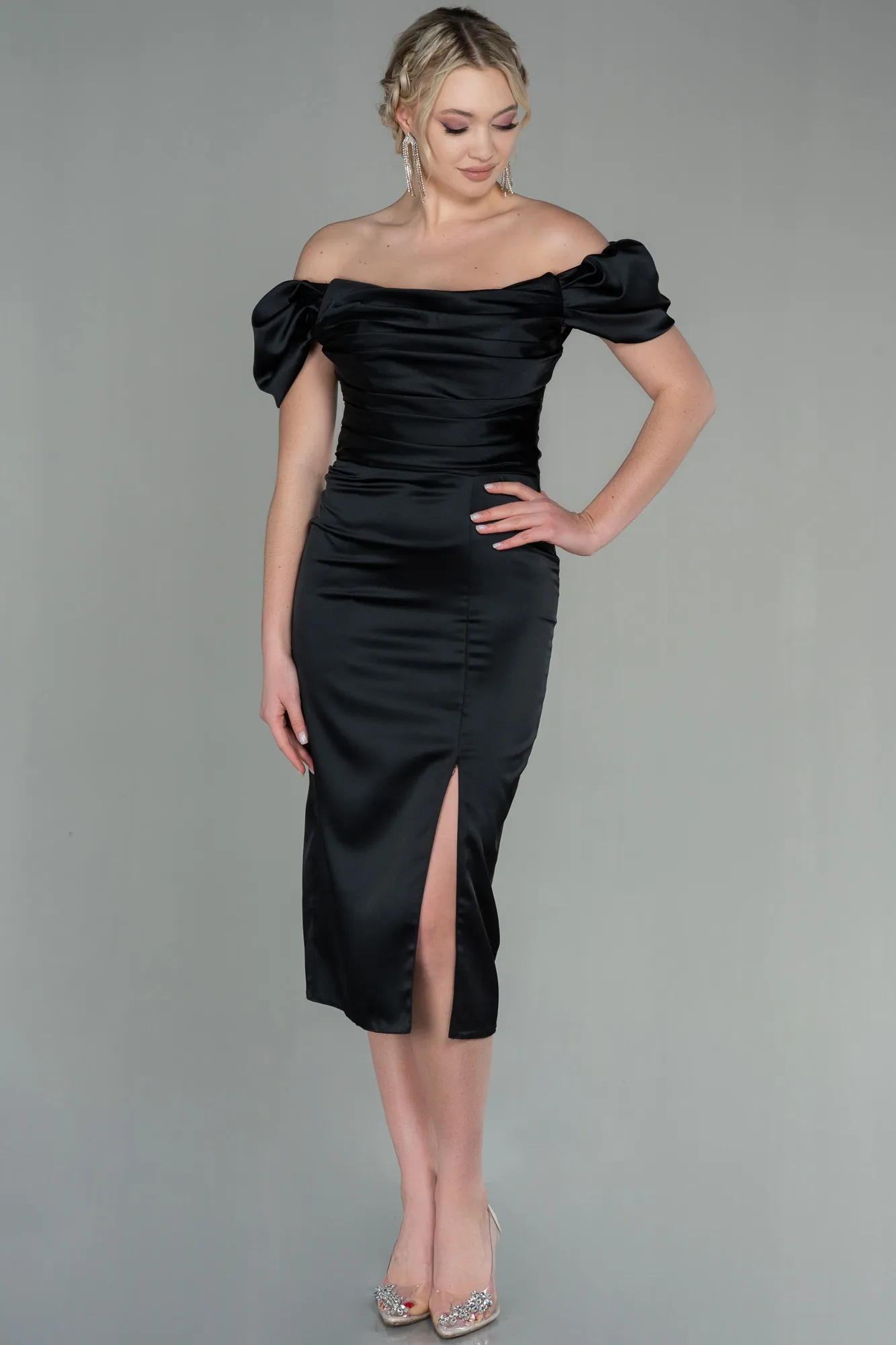 Black-Midi Satin Night Dress ABK1601