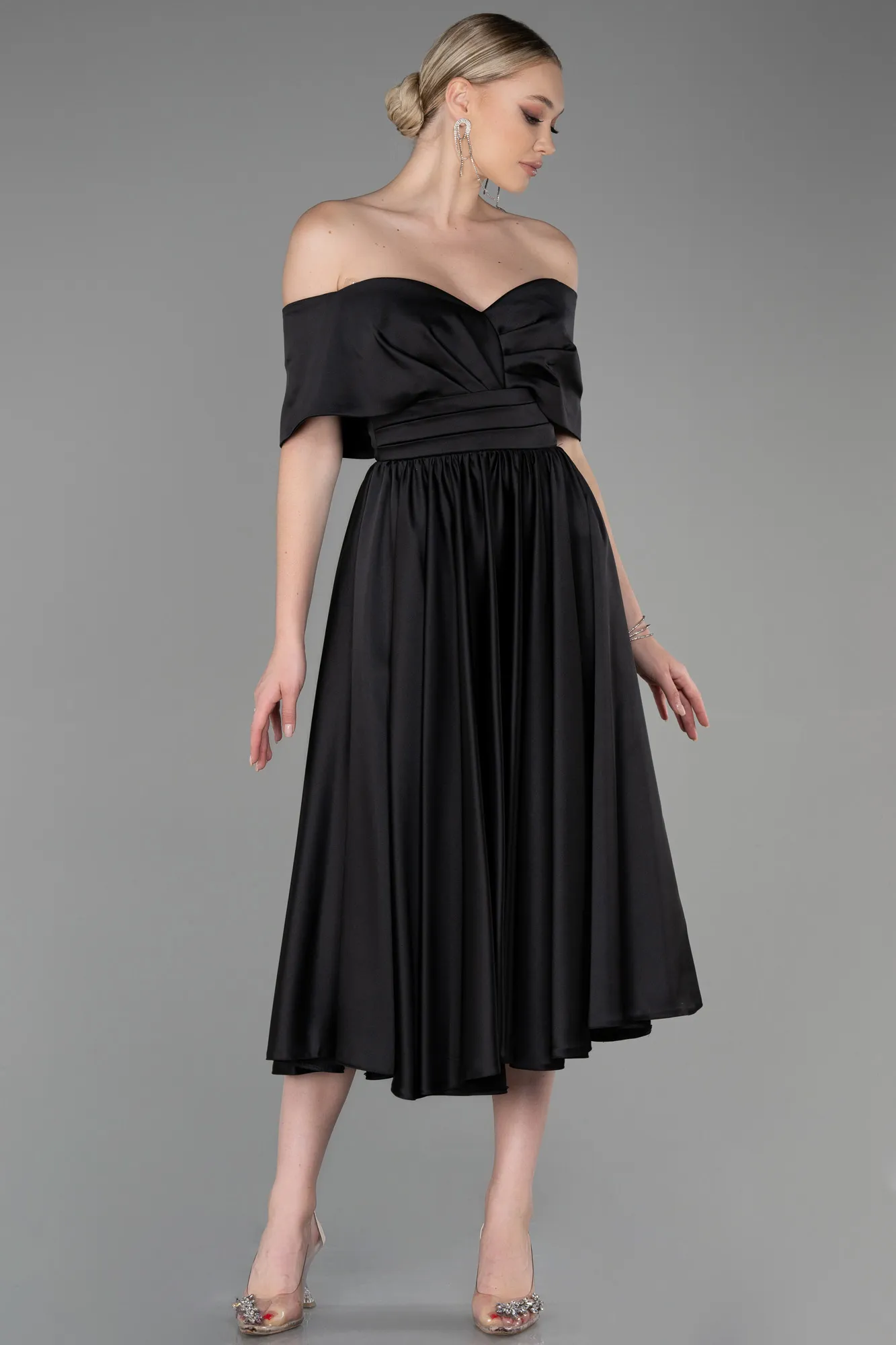 Black-Midi Satin Night Dress ABK1846