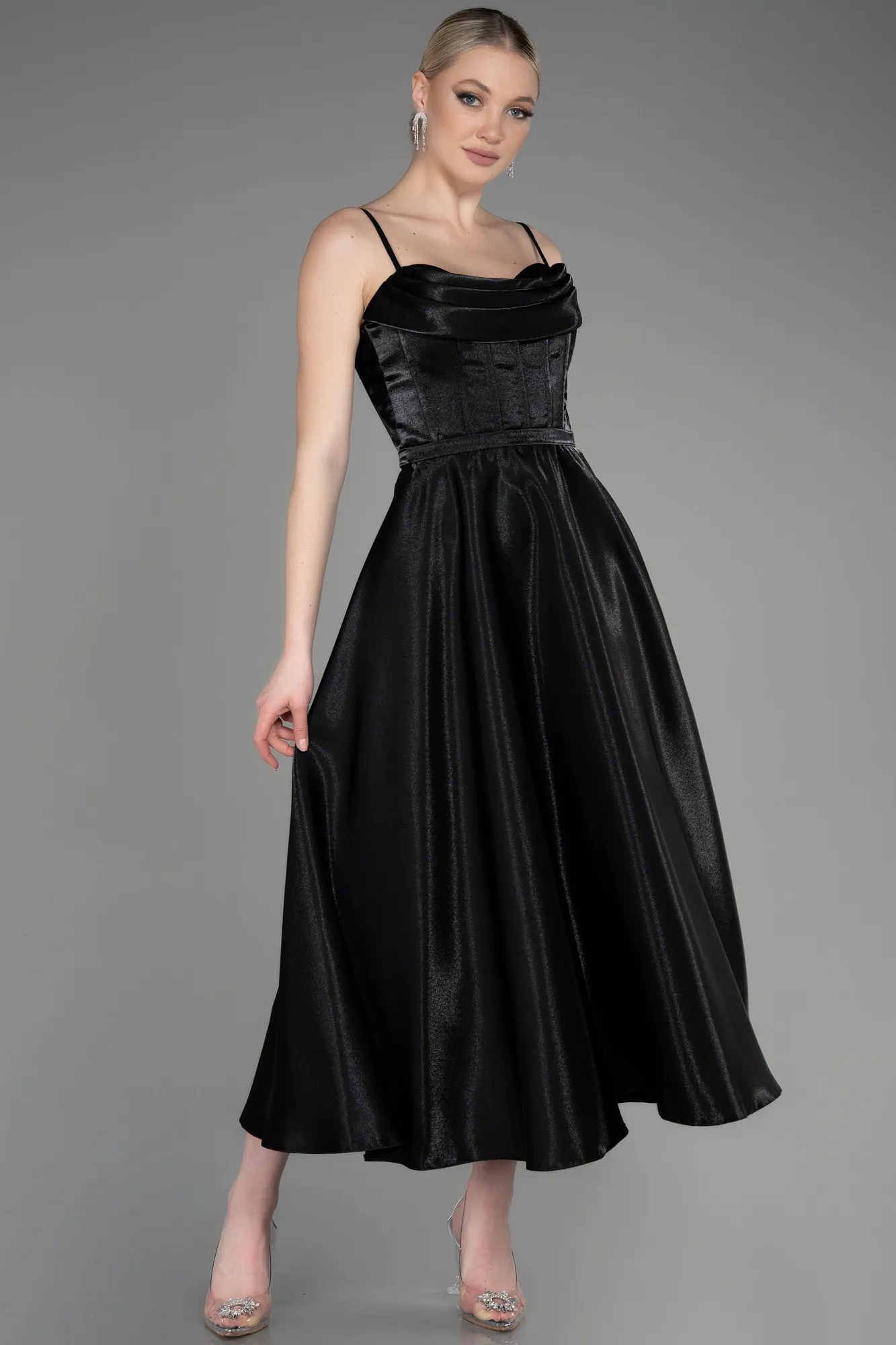 Black-Midi Satin Party Dress ABK2011
