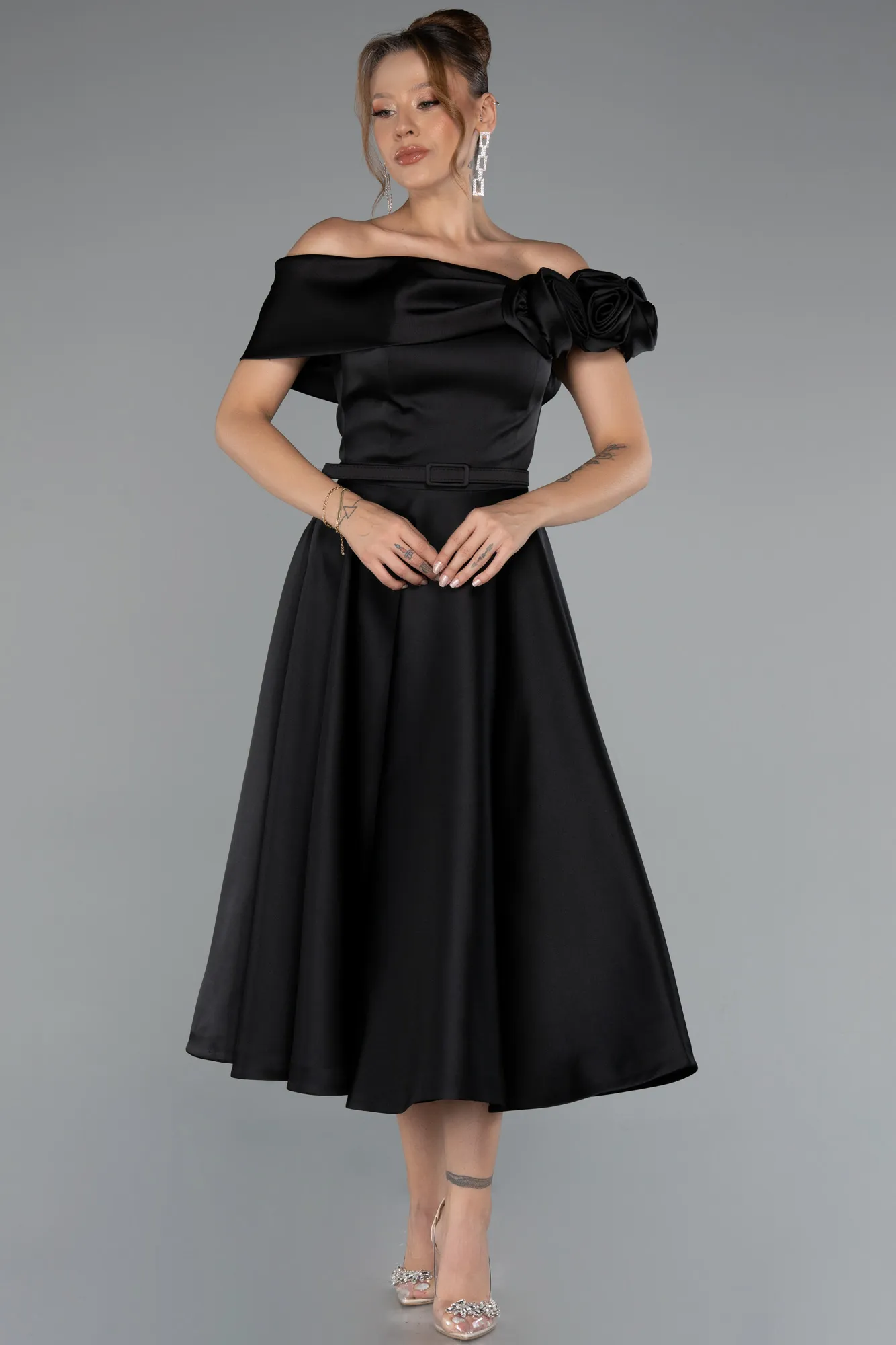 Black-Midi Satin Party Dress ABK2410