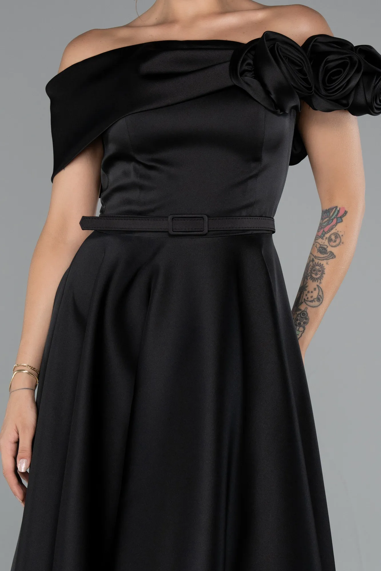 Black-Midi Satin Party Dress ABK2410