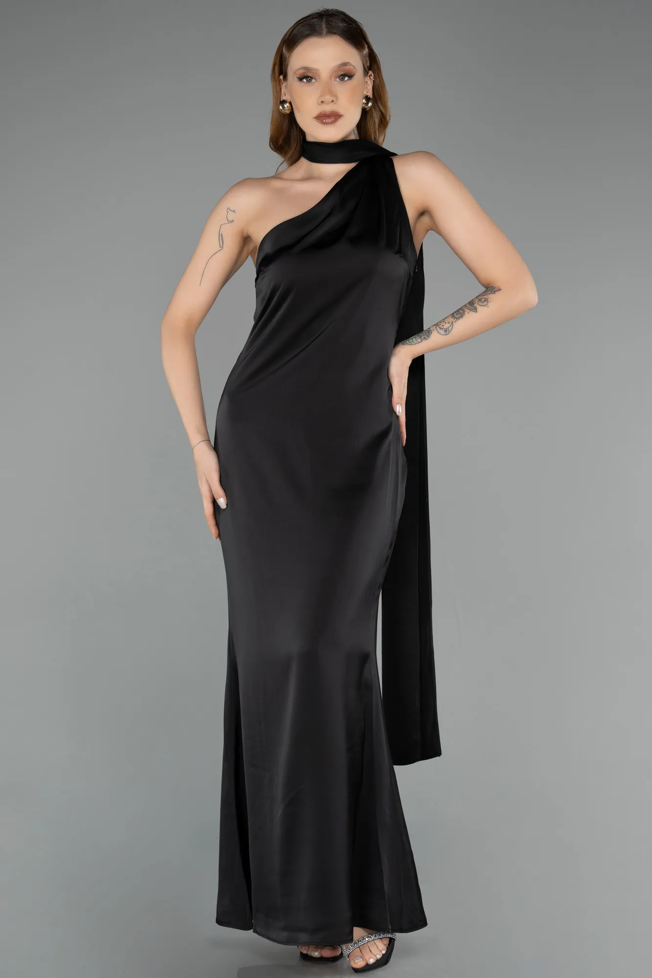 Black-Midi Satin Party Dress ABK2498
