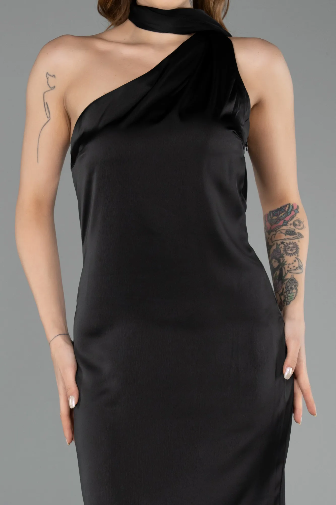 Black-Midi Satin Party Dress ABK2498