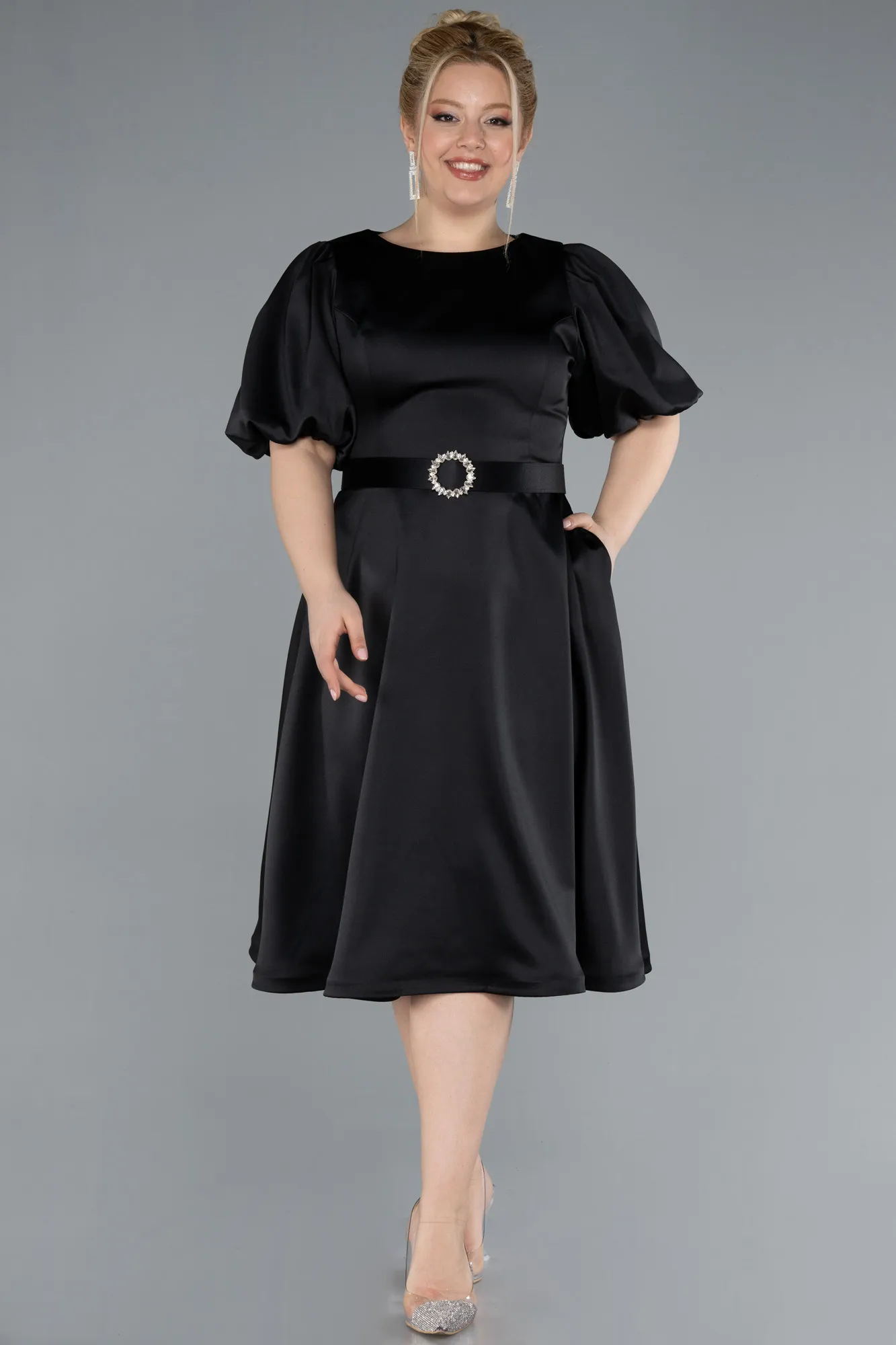 Black-Midi Satin Plus Size Cocktail Dress ABK2055