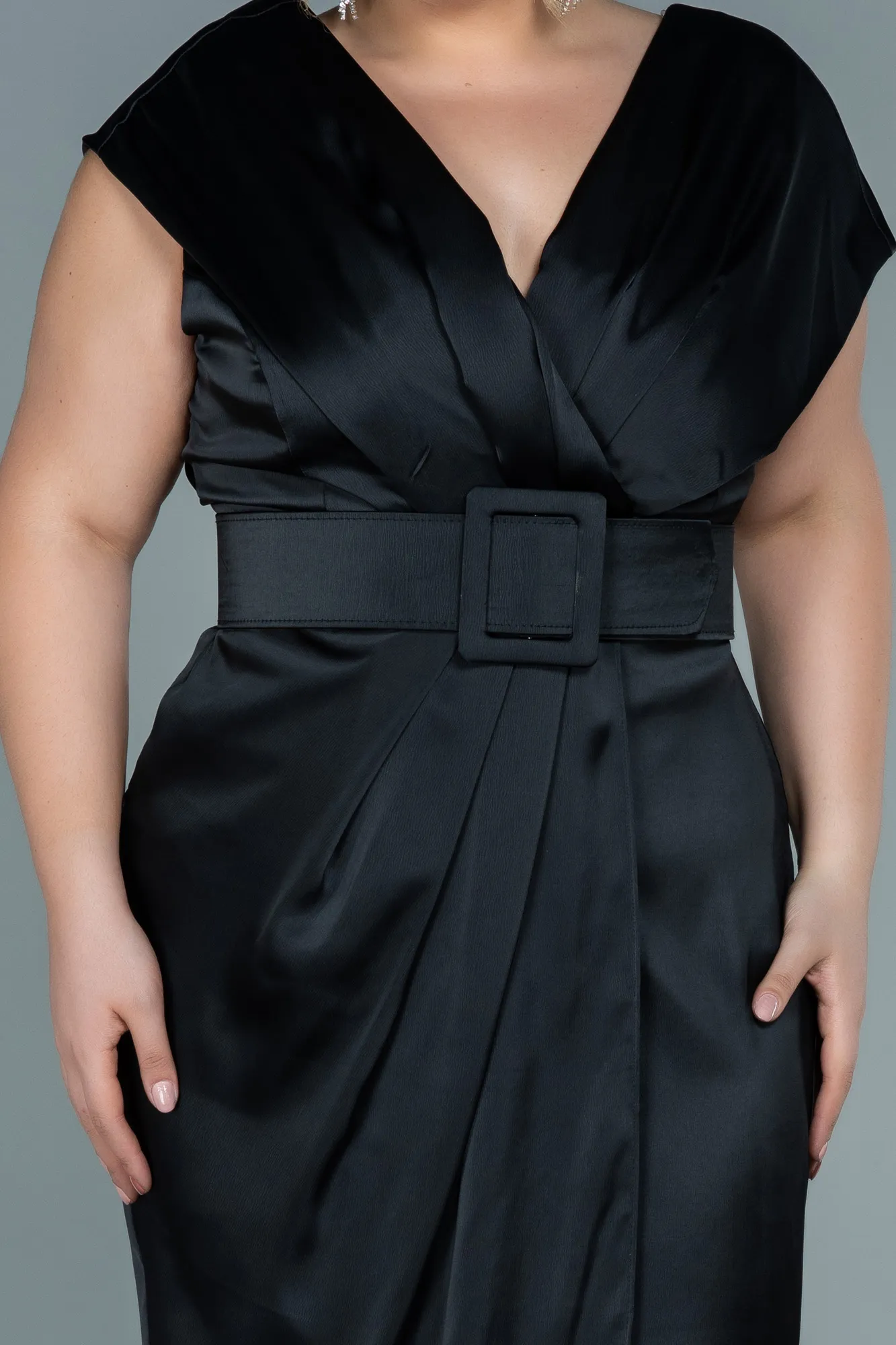 Black-Midi Satin Plus Size Evening Dress ABK1499
