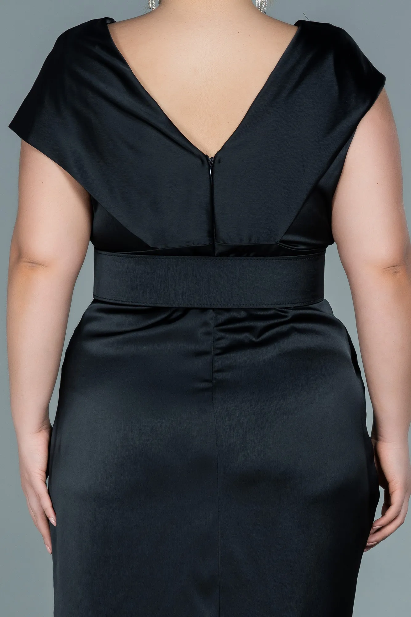 Black-Midi Satin Plus Size Evening Dress ABK1499