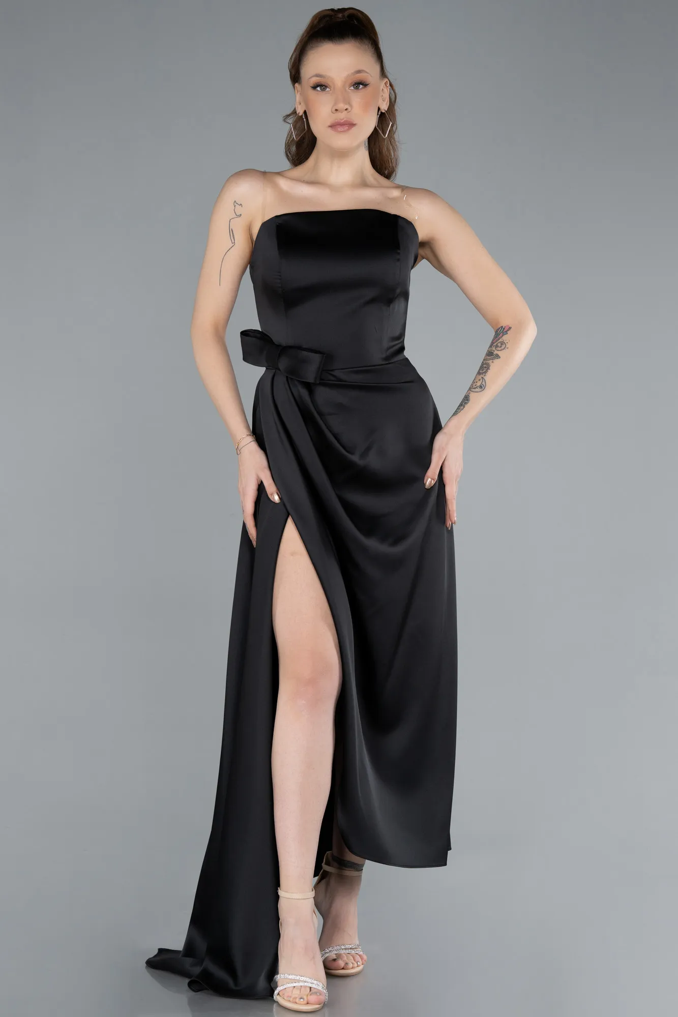 Black-Midi Satin Prom Gown ABK2265