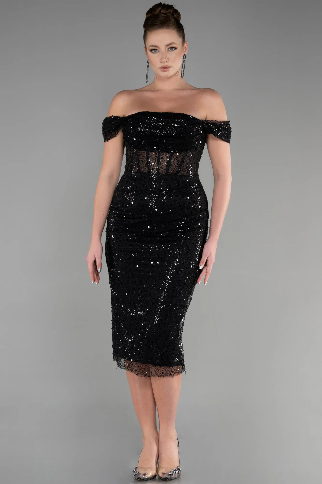 Black-Midi Scaly Invitation Dress ABK1934