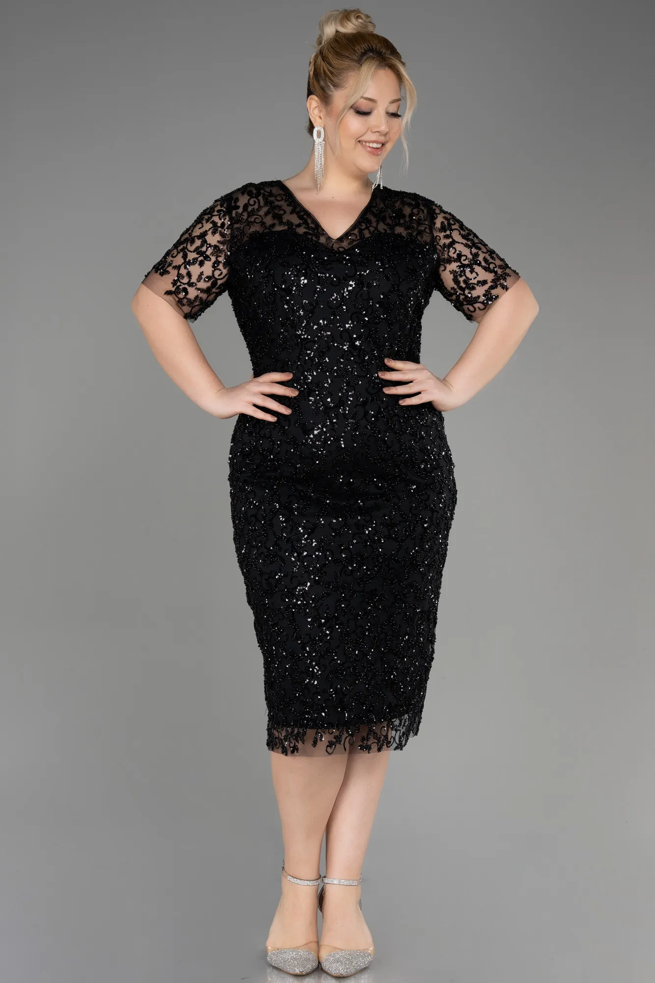 Black-Midi Scaly Plus Size Cocktail Dress ABK2030