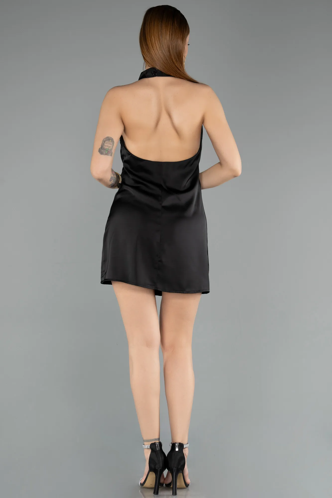Black-Mini Satin Cocktail Dress ABK2486