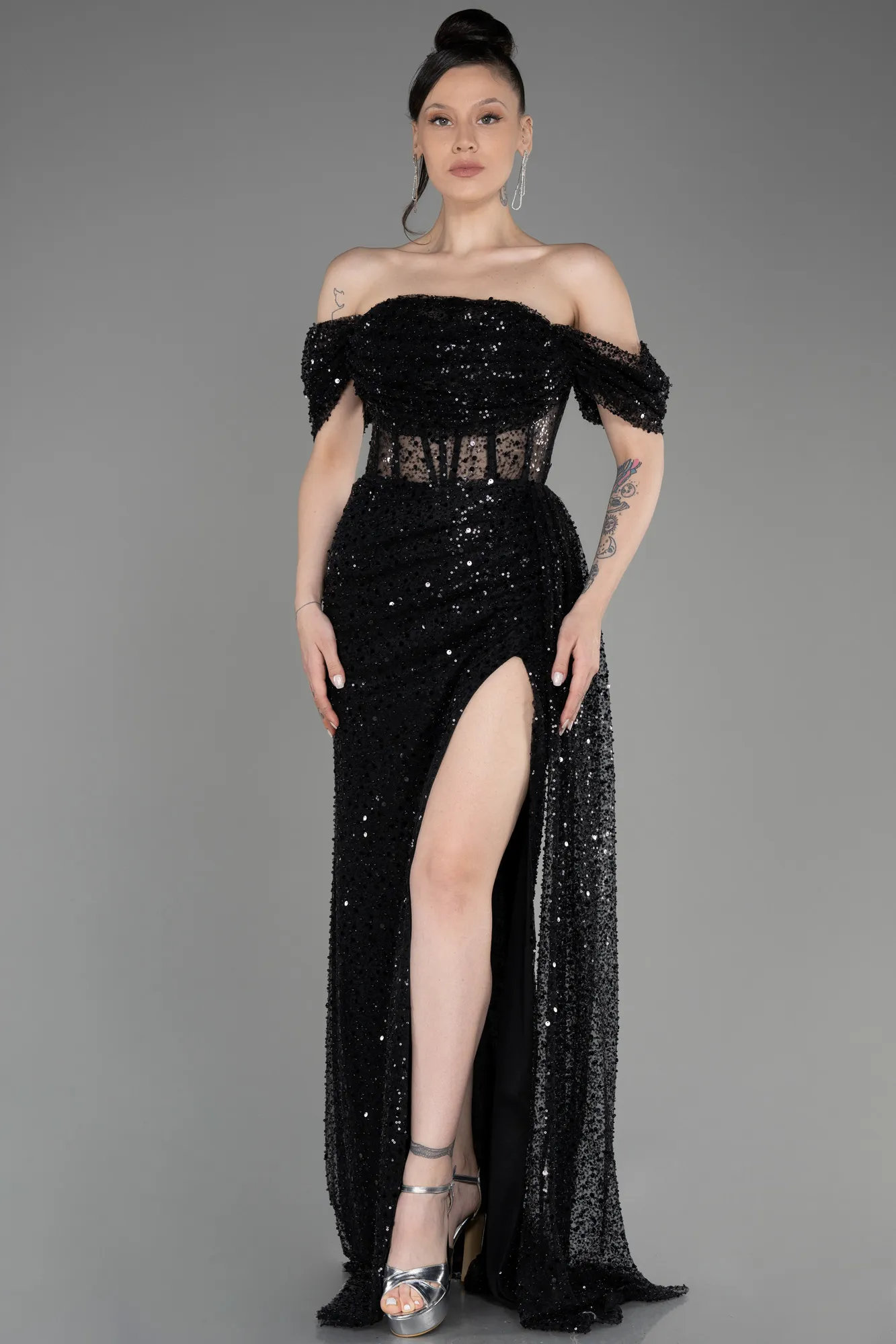 Black-Off-Shoulder Slit Long Scaly Evening Dress ABU3847