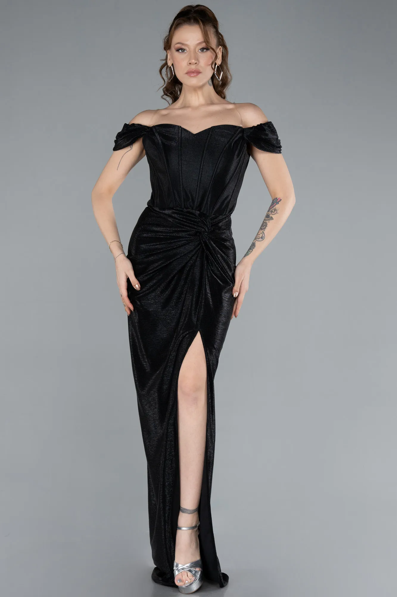 Black-Off The Shoulder Long Glitter Evening Gown ABU4712