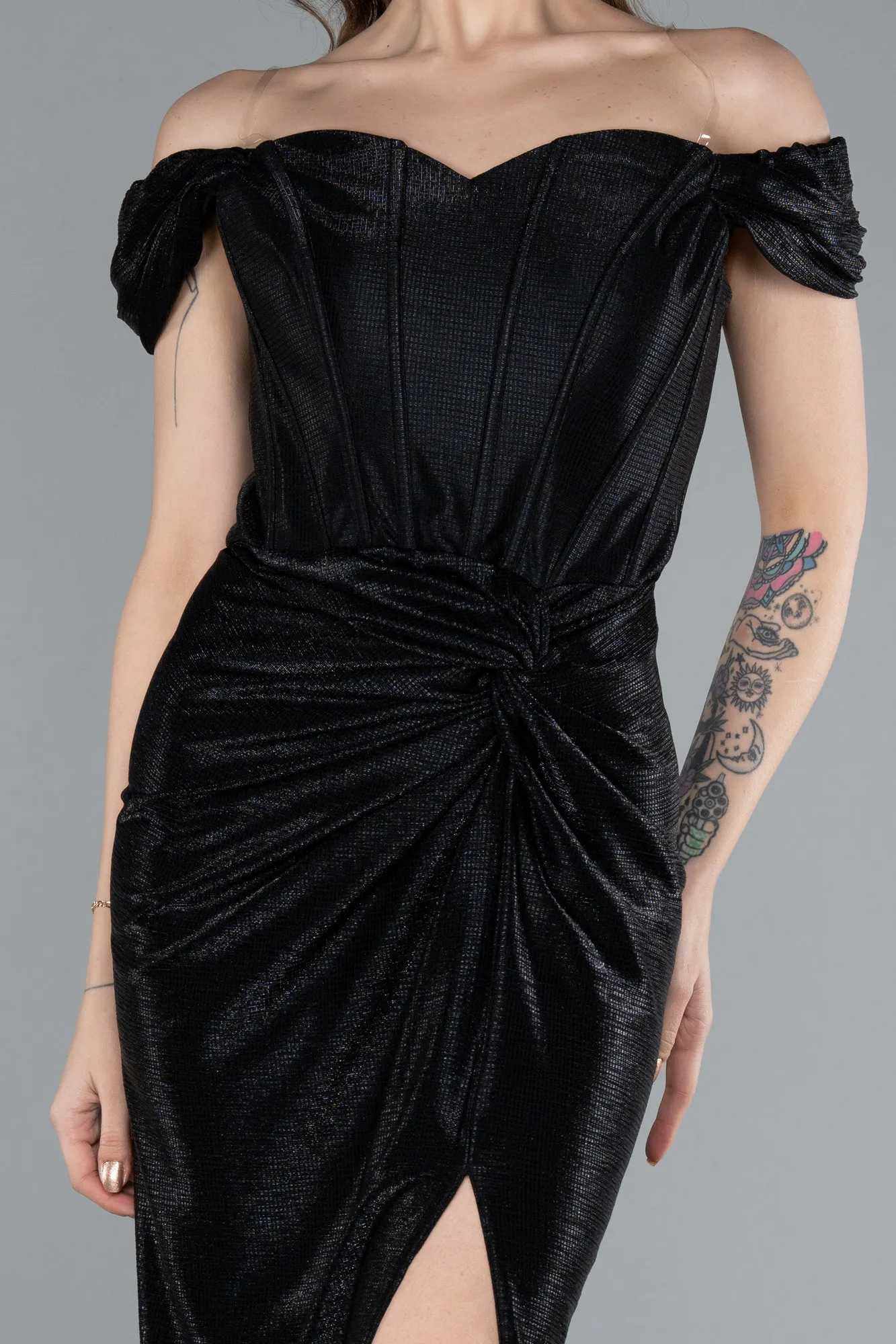 Black-Off The Shoulder Long Glitter Evening Gown ABU4712