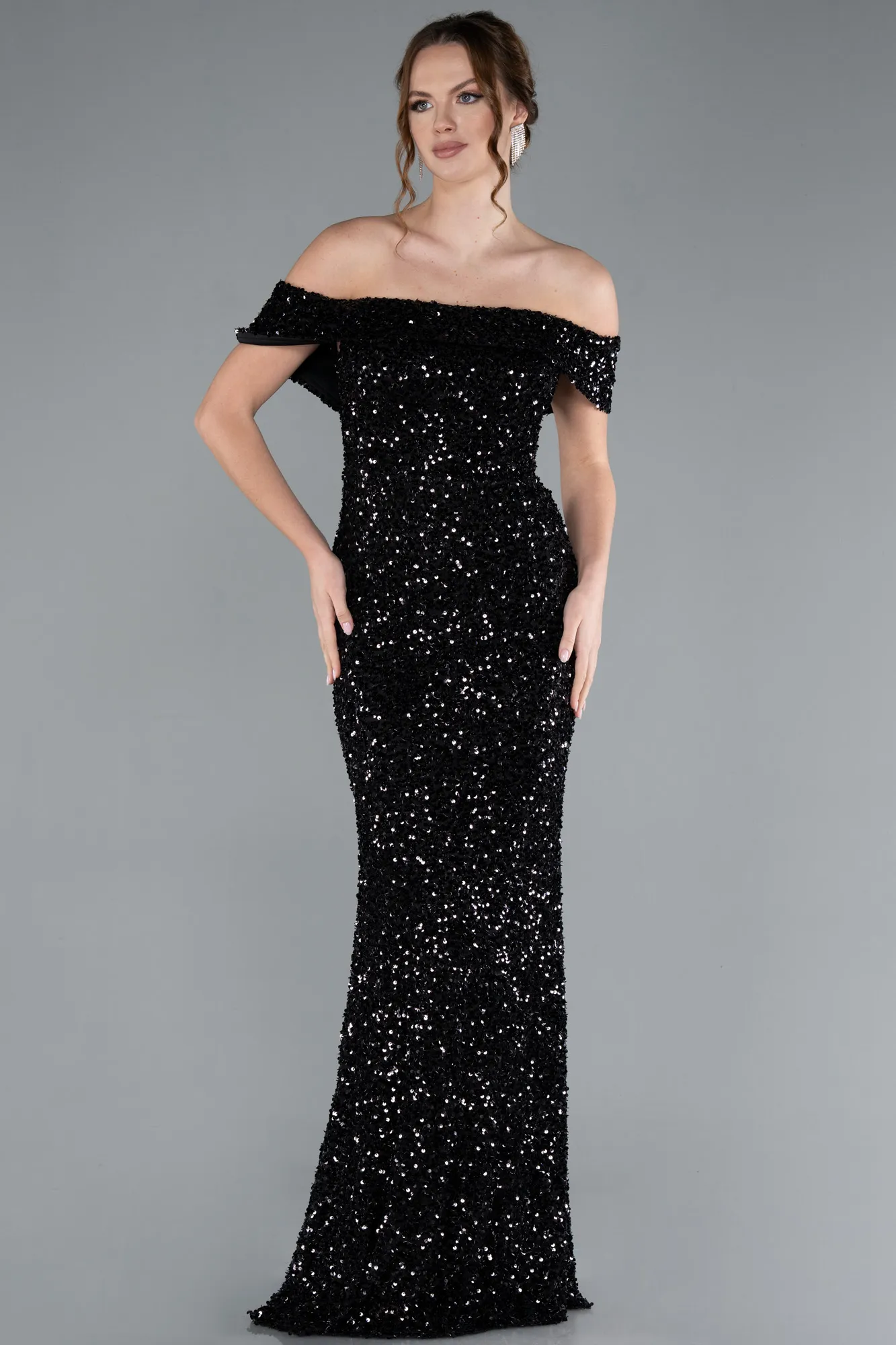 Black-Off The Shoulder Long Sequin Mermaid Prom Dress ABU4778