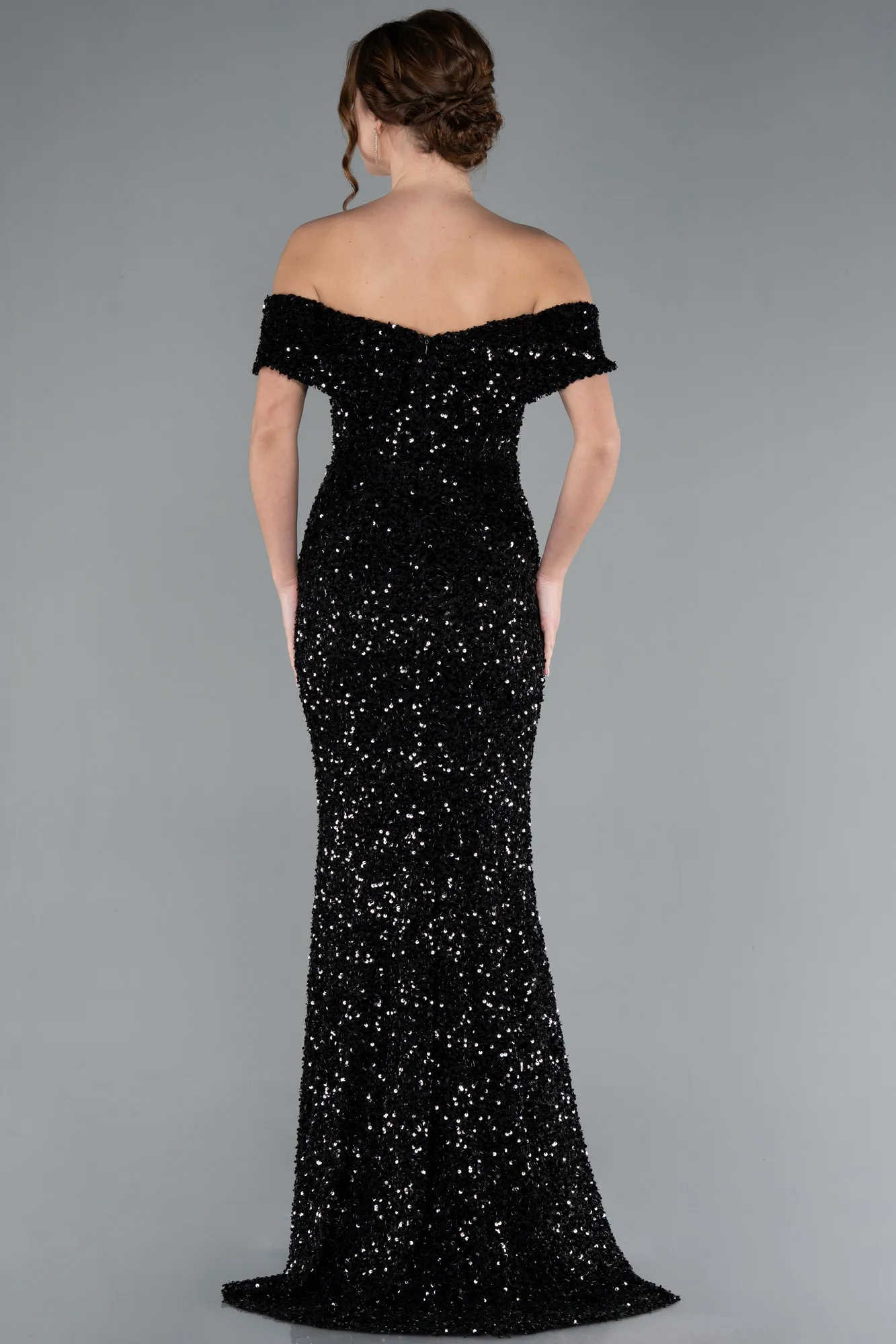 Black-Off The Shoulder Long Sequin Mermaid Prom Dress ABU4778