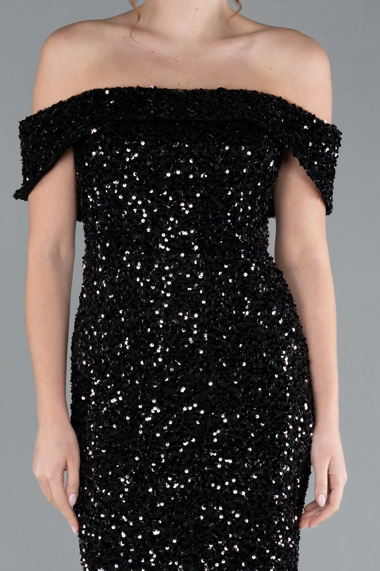 Black-Off The Shoulder Long Sequin Mermaid Prom Dress ABU4778