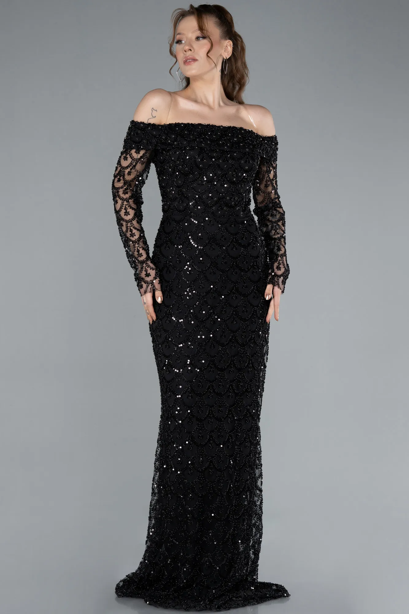 Black-Off The Shoulder Long Sleeve Stone Mermaid Evening Gown ABU4710