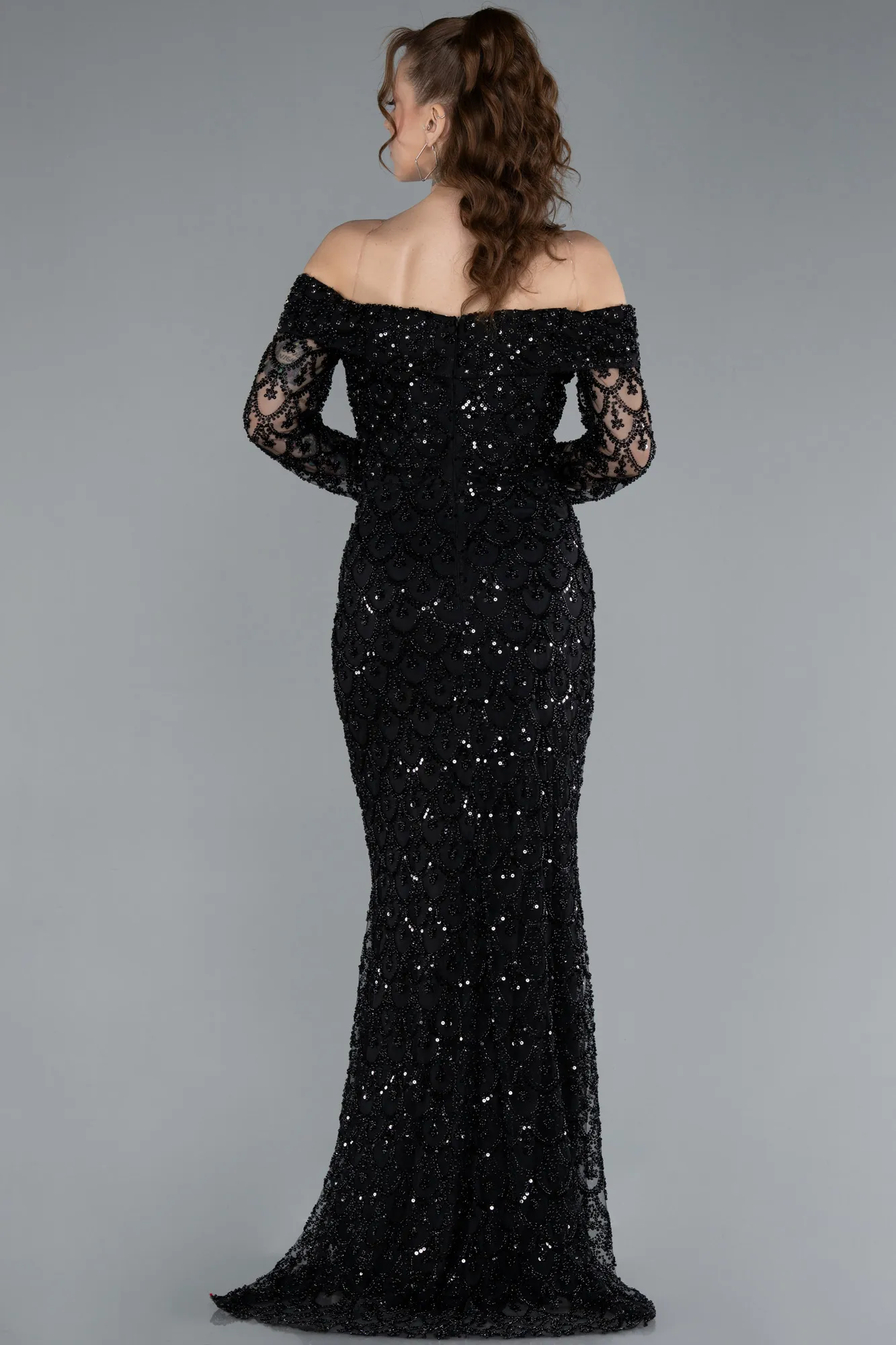 Black-Off The Shoulder Long Sleeve Stone Mermaid Evening Gown ABU4710