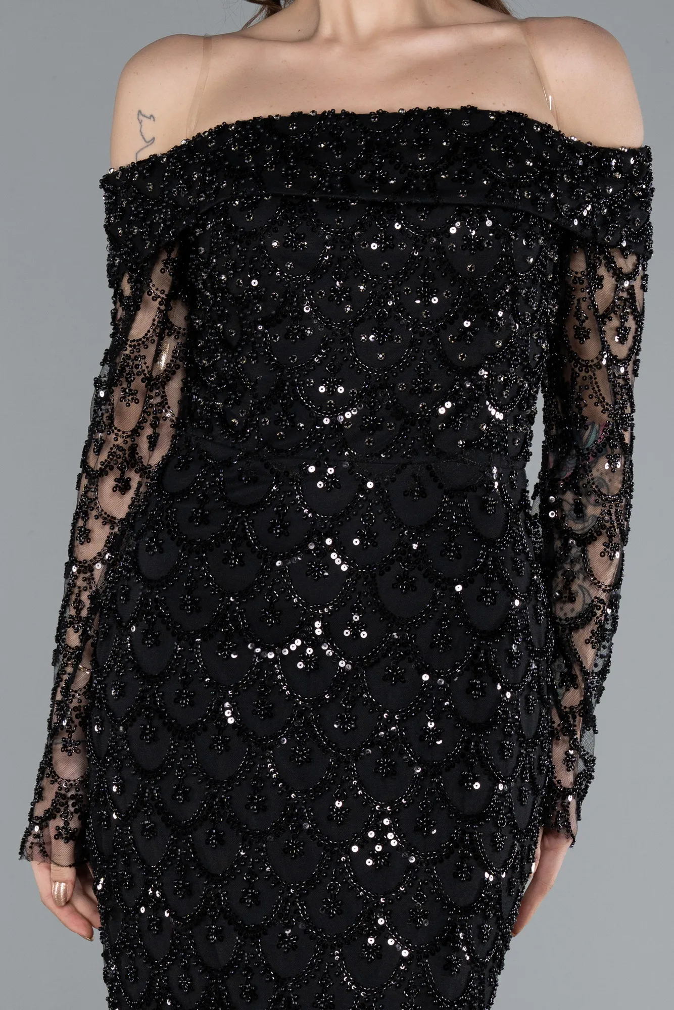 Black-Off The Shoulder Long Sleeve Stone Mermaid Evening Gown ABU4710