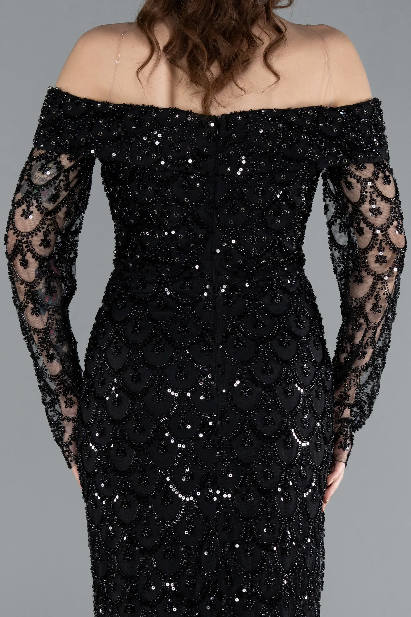 Black-Off The Shoulder Long Sleeve Stone Mermaid Evening Gown ABU4710