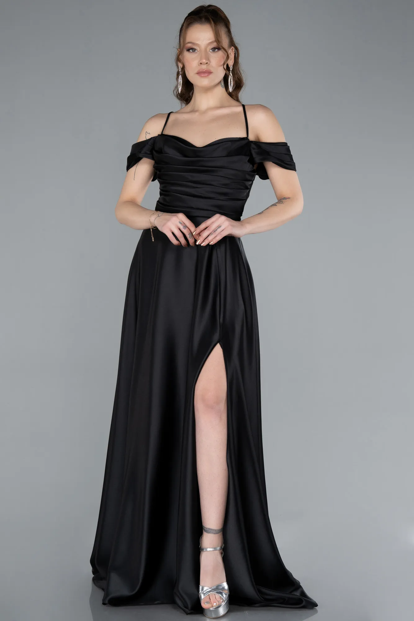 Black-Off The Shoulder Slit Long Satin Prom Dress ABU4703