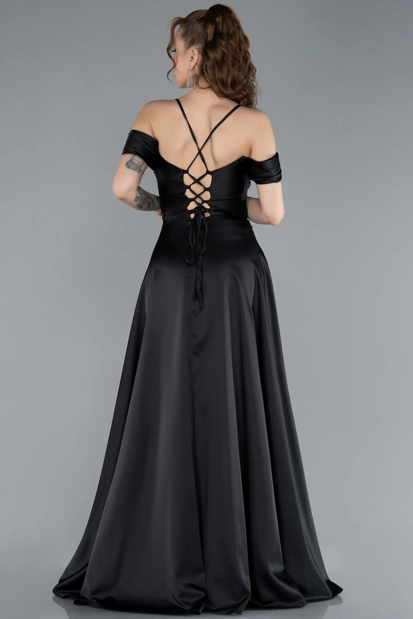 Black-Off The Shoulder Slit Long Satin Prom Dress ABU4703
