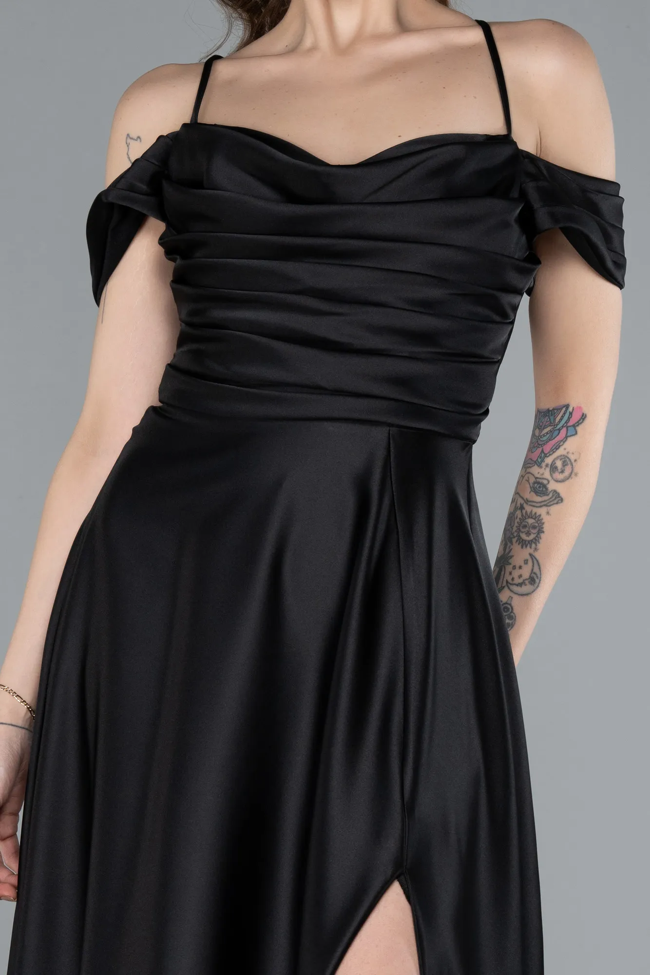 Black-Off The Shoulder Slit Long Satin Prom Dress ABU4703