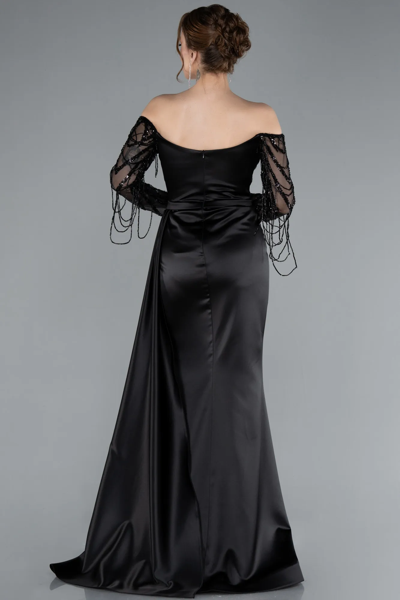 Black-Off The Shoulder Stone Long Sleeve Slit Satin Evening Gown ABU4792