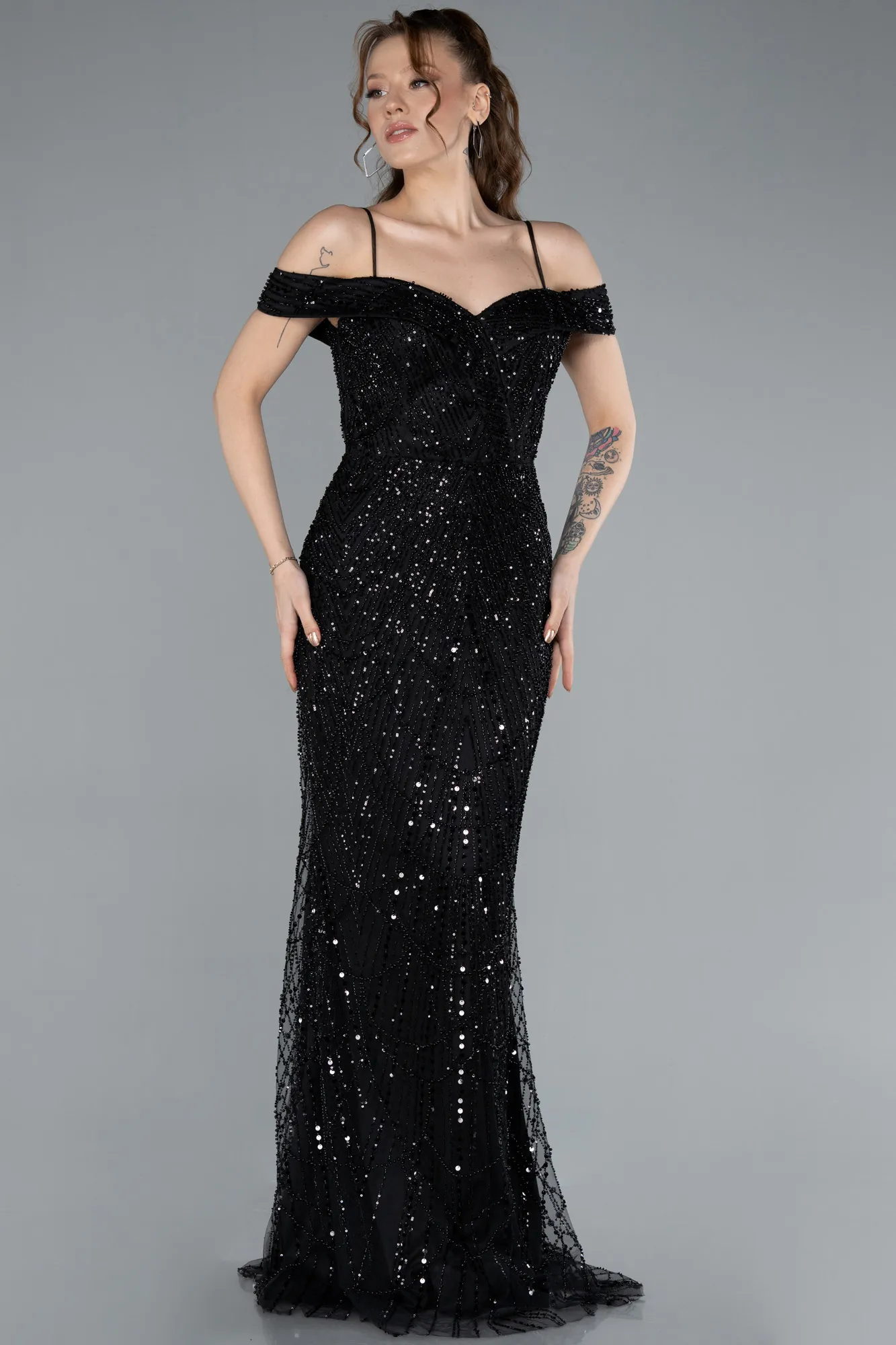 Black-Off The Shoulder Tail Accessory Long Sequined Evening Gown ABU4708