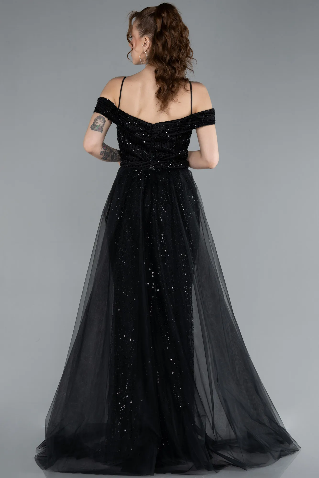 Black-Off The Shoulder Tail Accessory Long Sequined Evening Gown ABU4708
