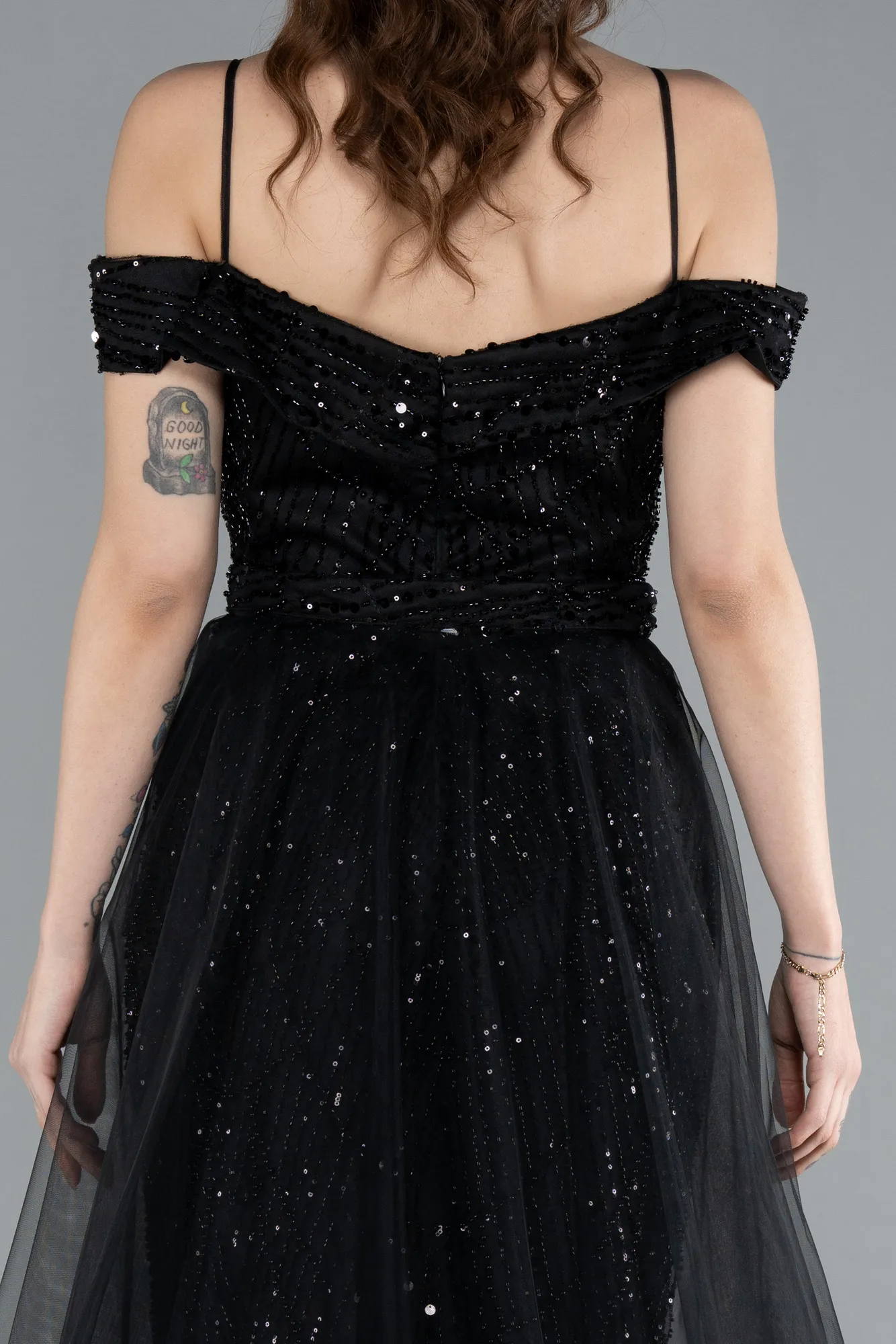 Black-Off The Shoulder Tail Accessory Long Sequined Evening Gown ABU4708