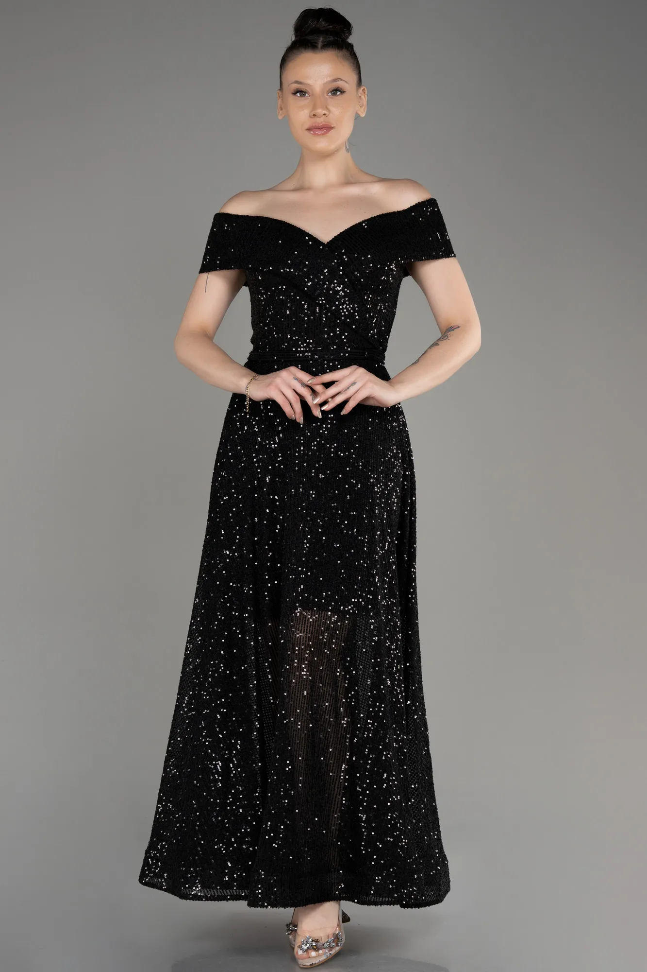 Black-Off The Soulder Scaly Midi Evening Dress ABK2048