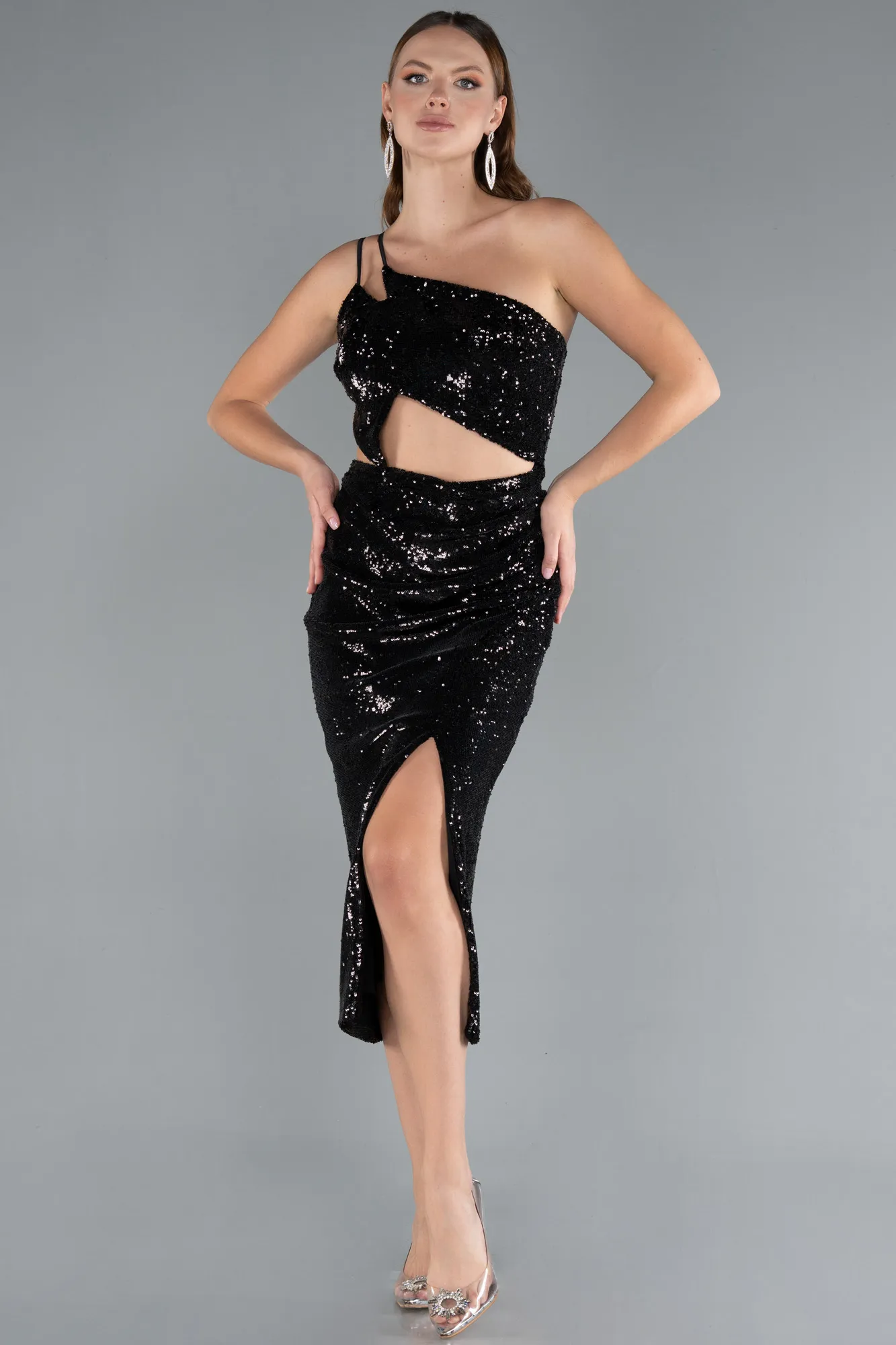 Black-One Shoulder Cut Out Midi Sequined Invitation Dress ABK2314