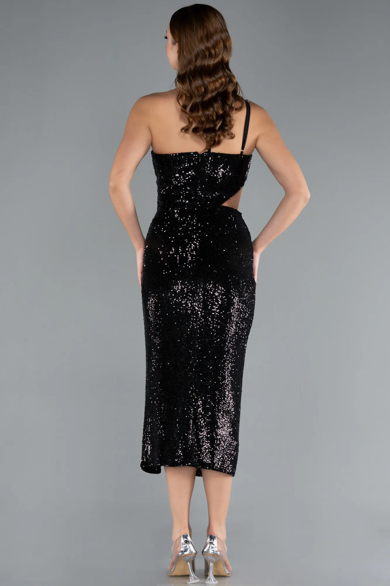 Black-One Shoulder Cut Out Midi Sequined Invitation Dress ABK2314