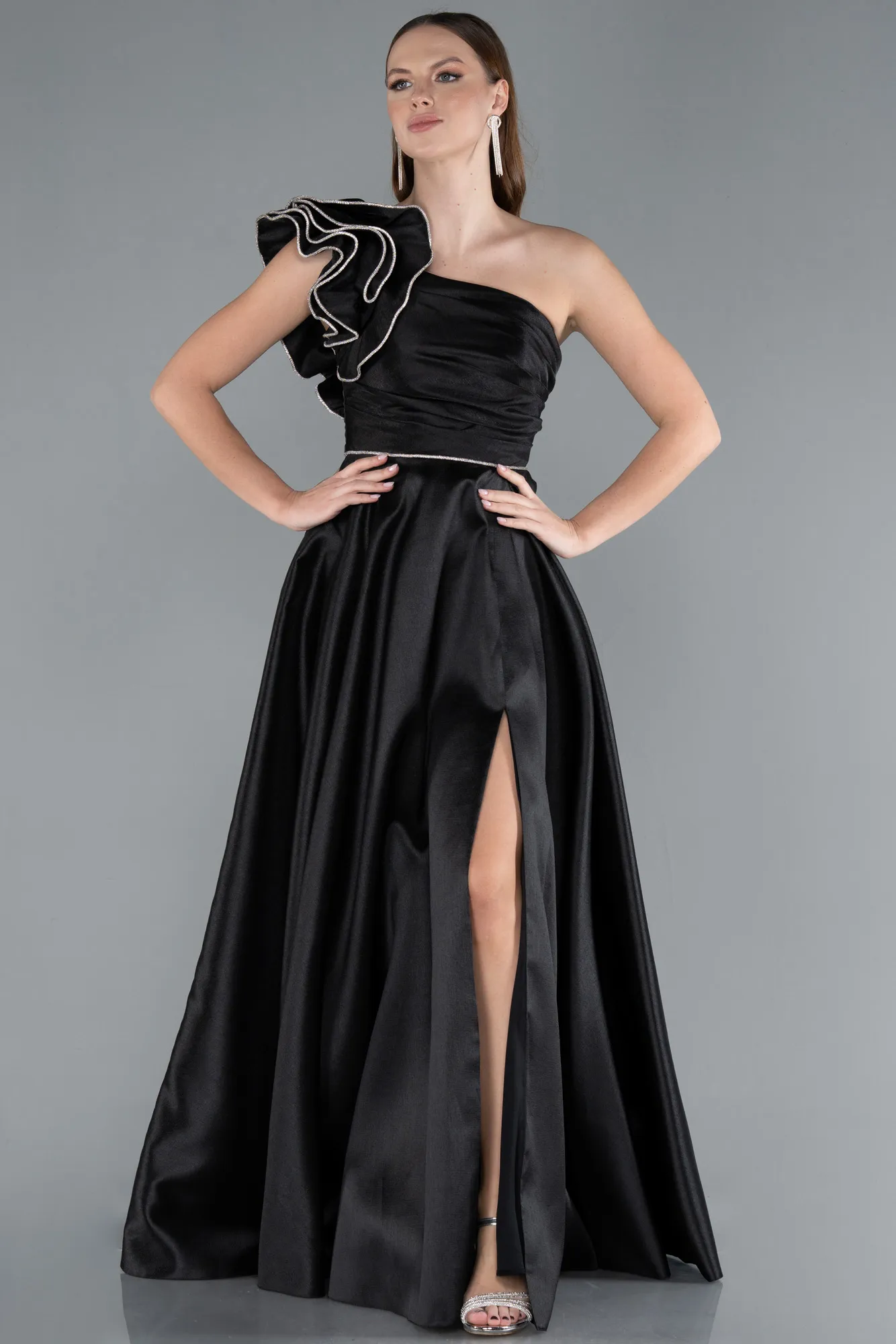 Black-One Shoulder High Slit Long Taffeta Prom Evening Dress ABU4782