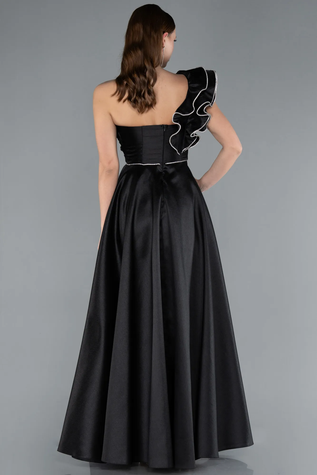 Black-One Shoulder High Slit Long Taffeta Prom Evening Dress ABU4782