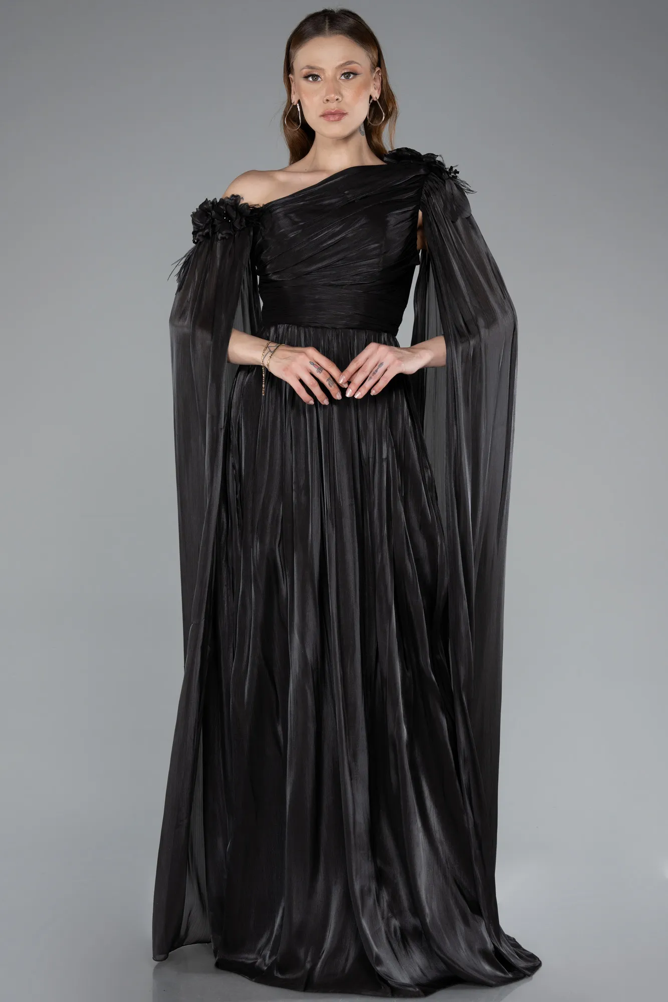 Black-One Shoulder Shawl Sleeve Long Chiffon Evening Dress ABU4809