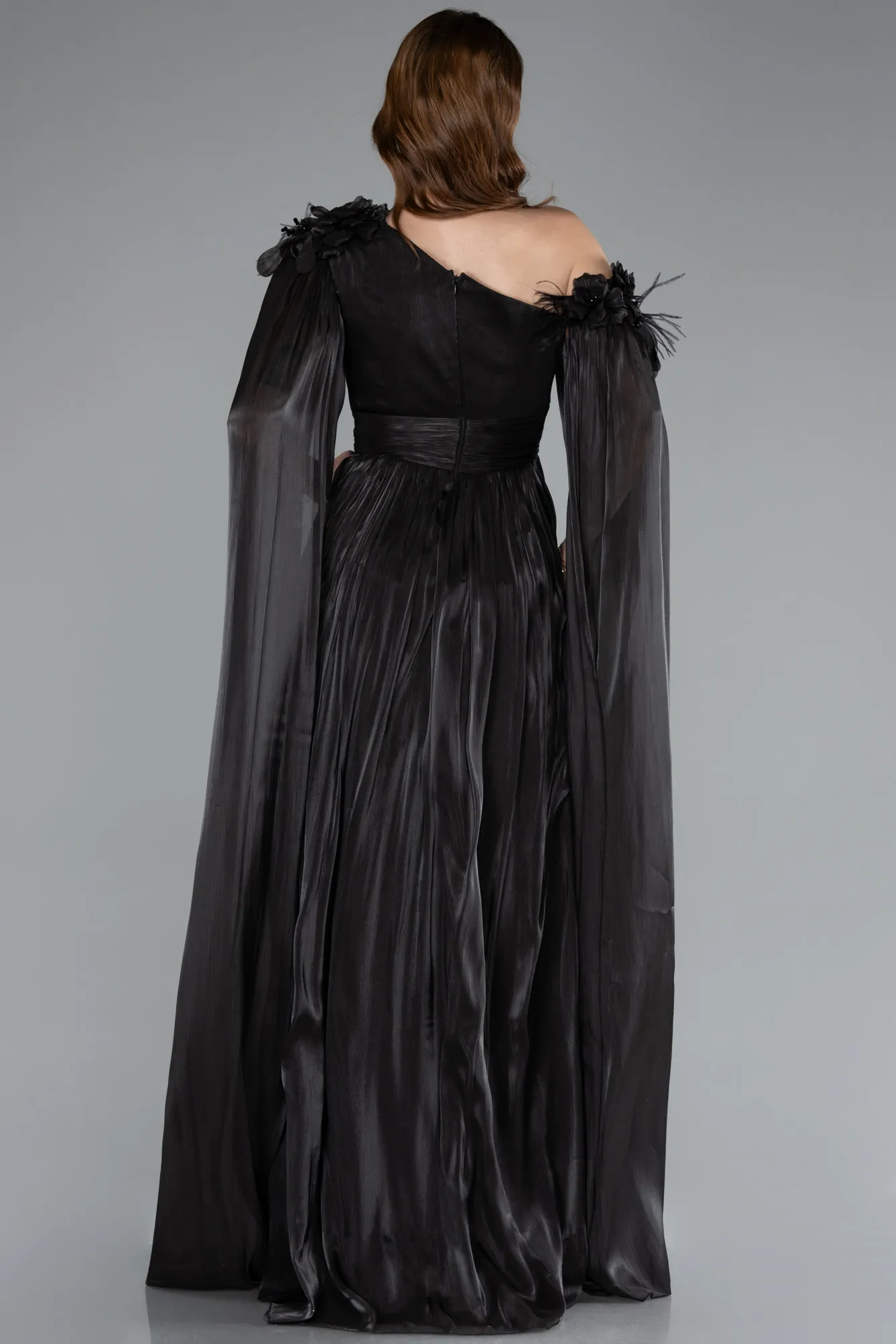 Black-One Shoulder Shawl Sleeve Long Chiffon Evening Dress ABU4809