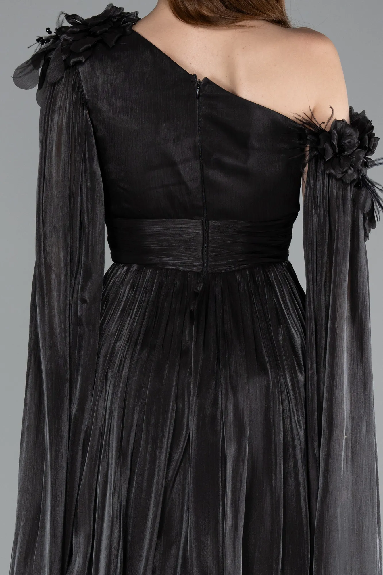 Black-One Shoulder Shawl Sleeve Long Chiffon Evening Dress ABU4809
