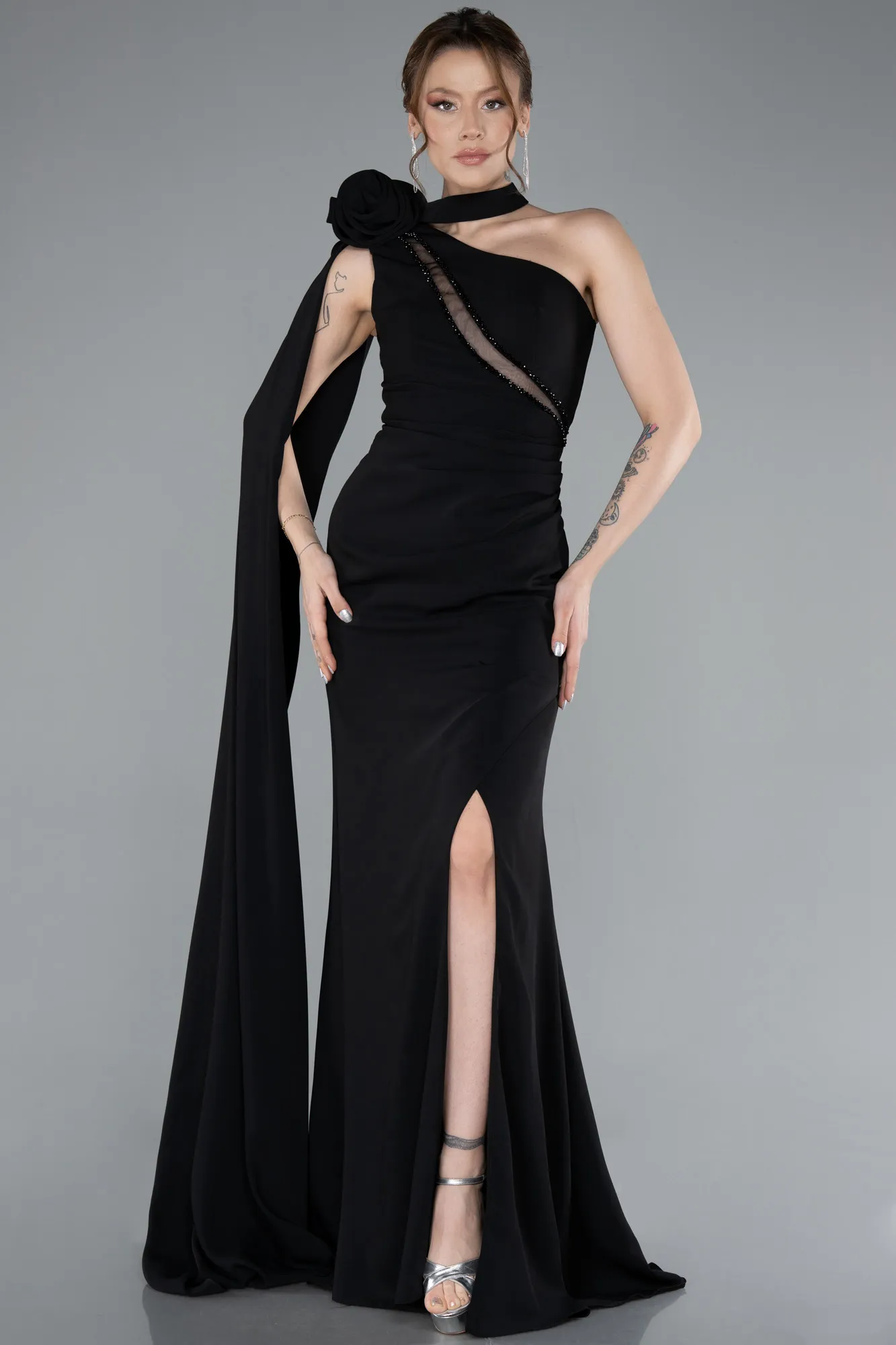 Black-One Shoulder Shawl Slit Long Evening Gown ABU4808